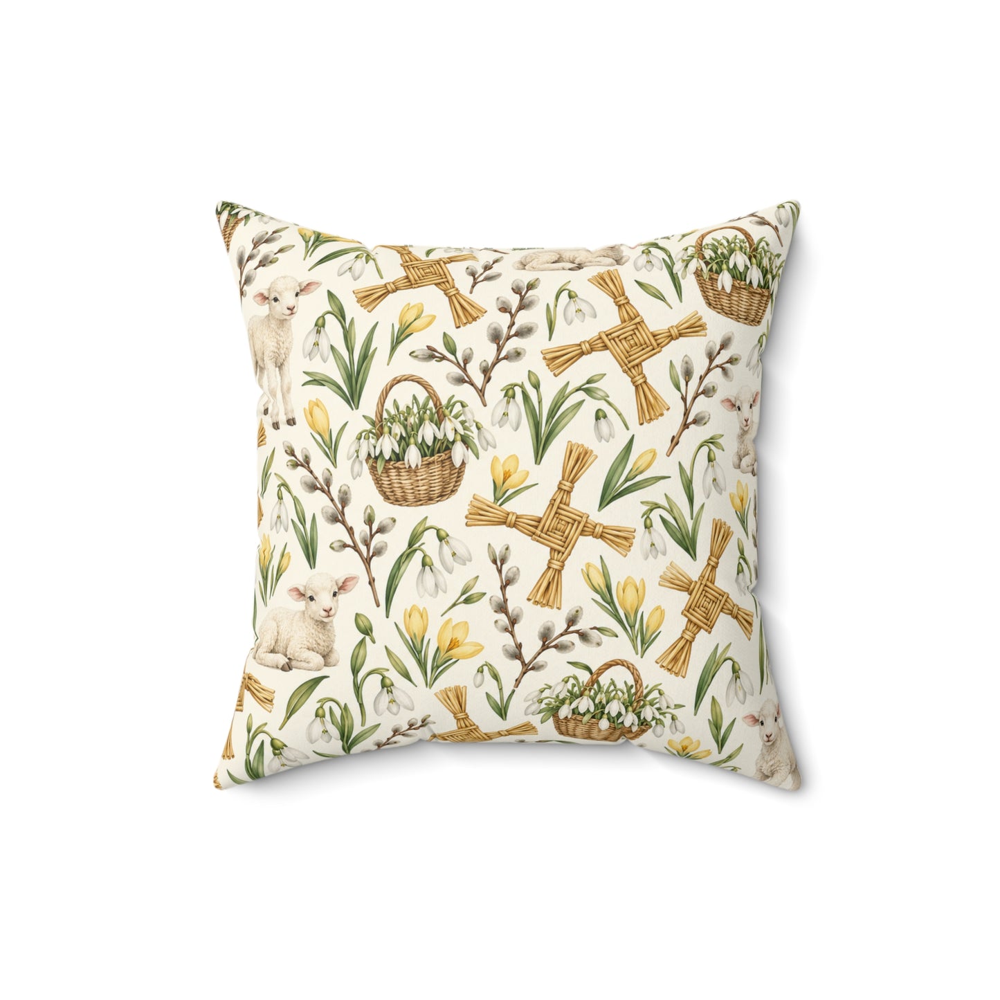 Imbolc Lamb & Brigid’s Cross Faux Suede Pillow | Snowdrop Spring Decor