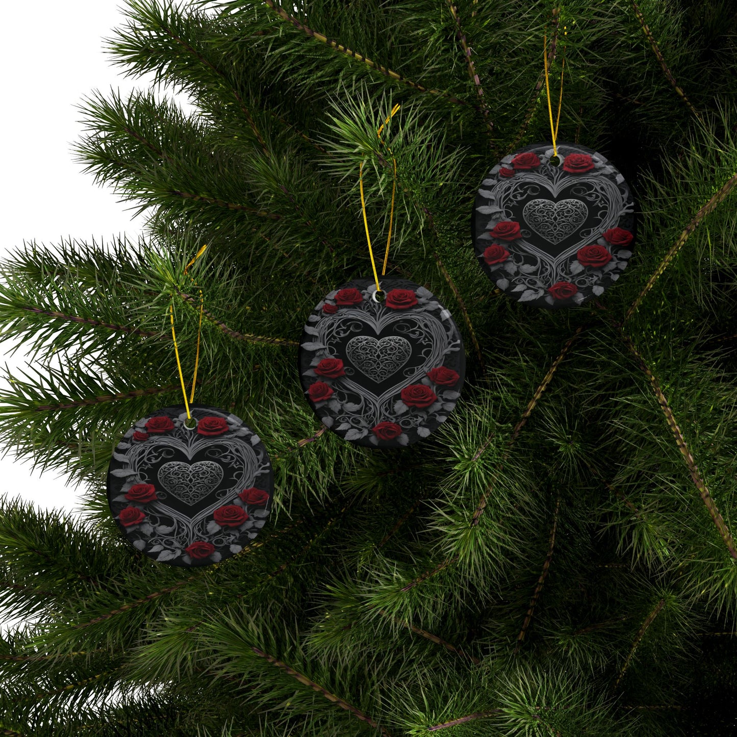 Gothic Heart Ceramic Ornaments - Black Silver Rose Design - Witchy Home Decor - Holiday Ornament Set - 1/3/5/10 pieces - Divine Mystic Moons