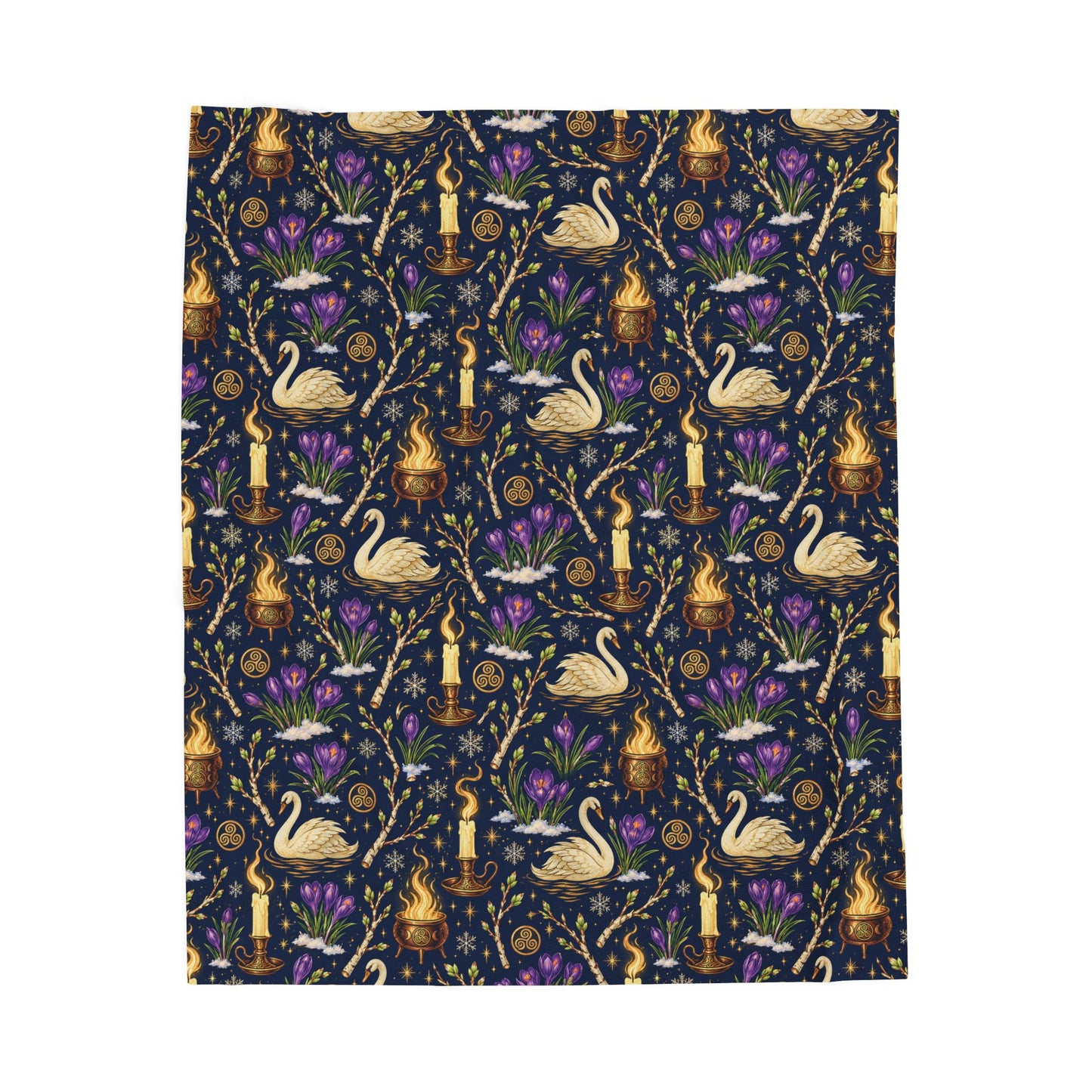 Imbolc Swan & Crocus Velveteen Plush Blanket – Lightweight Candlelit Pagan Throw - Divine Mystic Moons