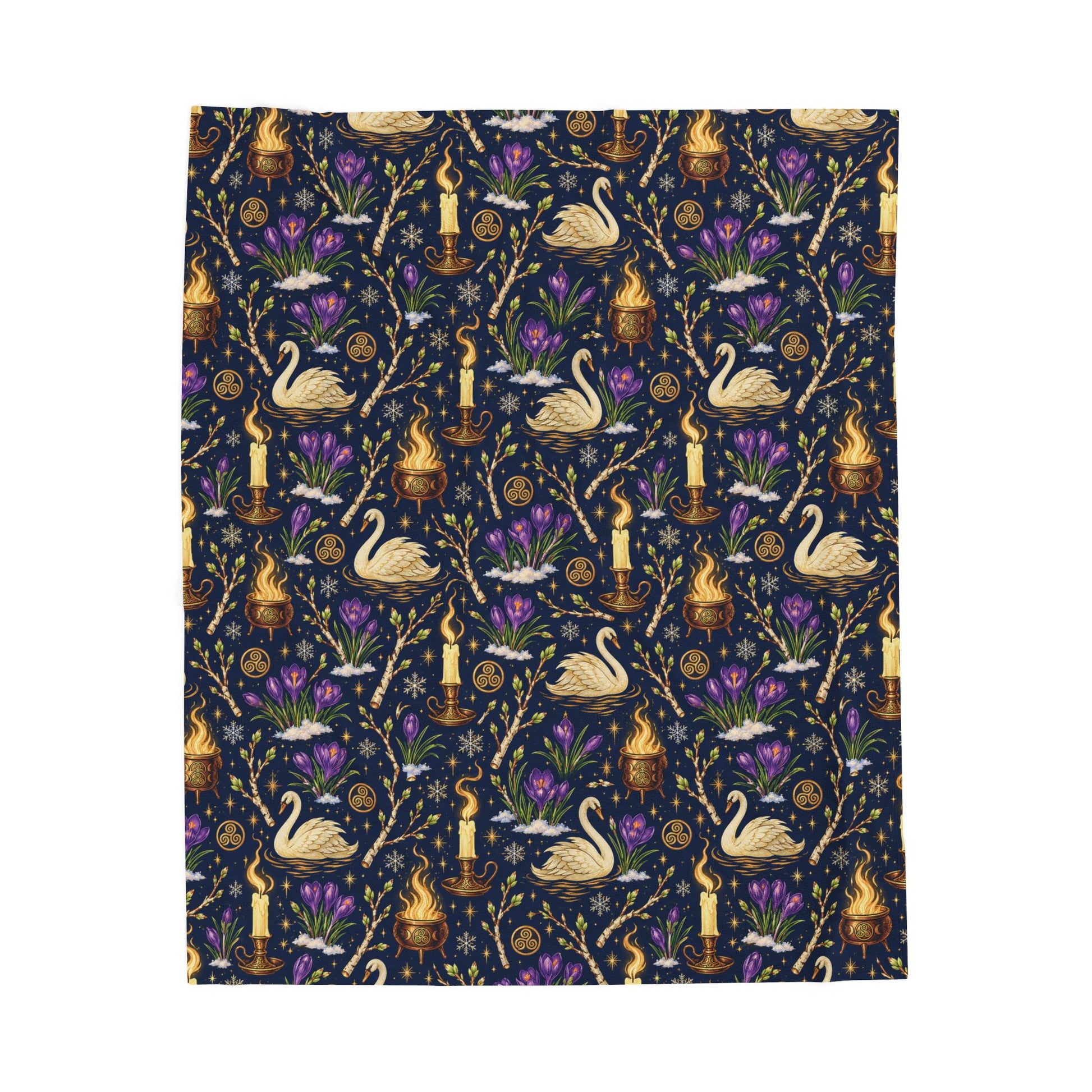 Imbolc Swan & Crocus Velveteen Plush Blanket – Lightweight Candlelit Pagan Throw - Divine Mystic Moons