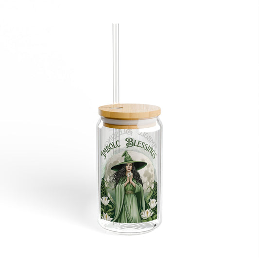 Imbolc Blessings Witchy Glass Cup – 16oz Tumbler with Bamboo Lid & Glass Straw Wheel of the Year Drinkware, Perfect for Pagans Wiccans Green Witch