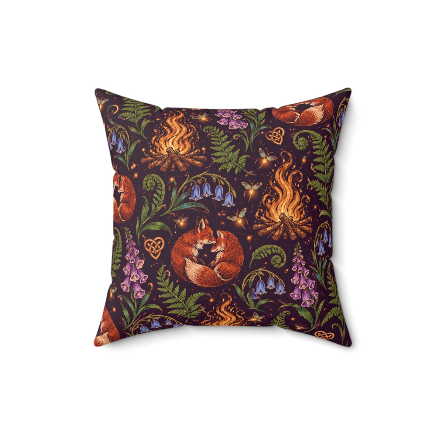 Beltane Fox & Bonfire Faux Suede Pillow – Purple Woodland Witch Decor