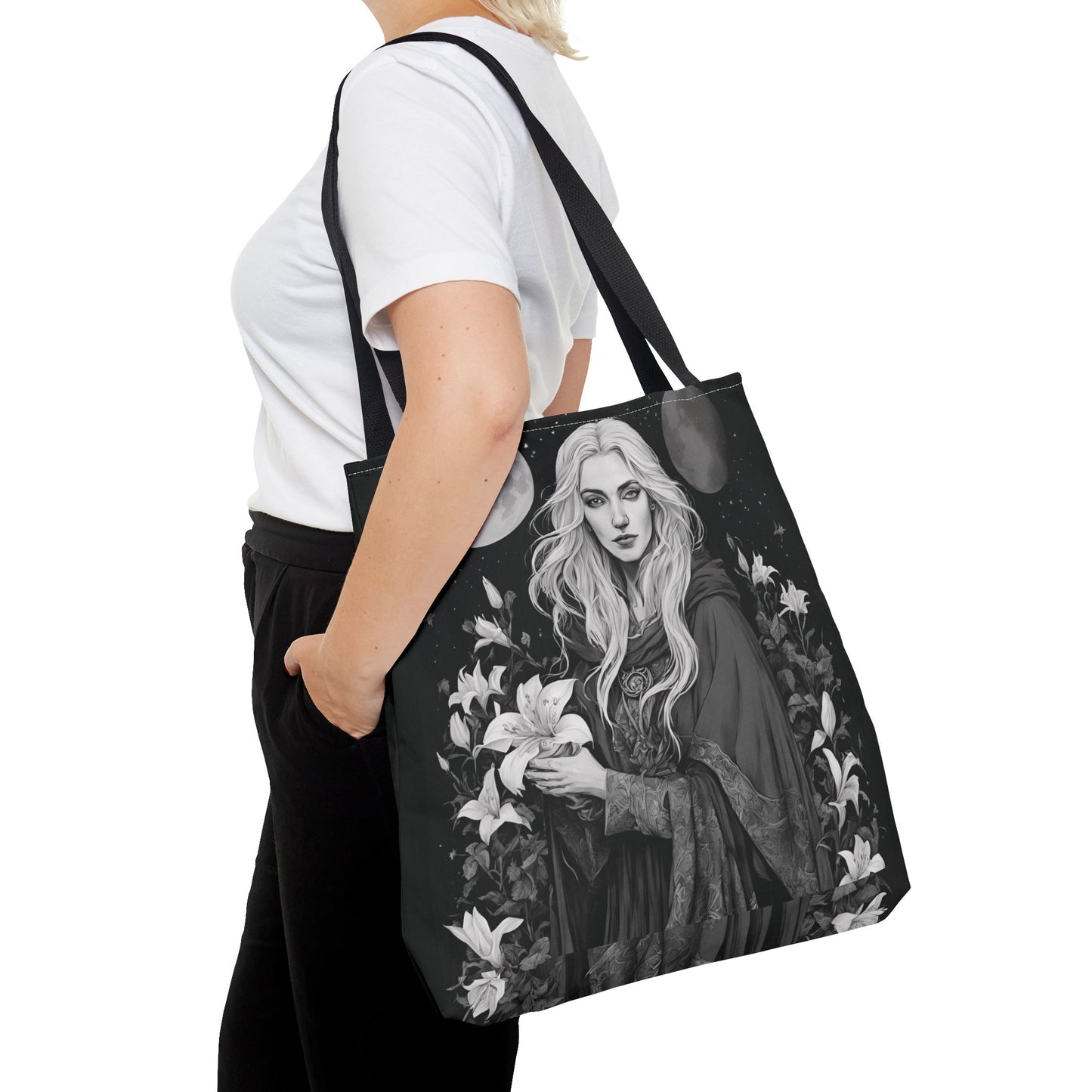 Mystical Floral Tote Bag, Witch Aesthetic Handbag, Boho Chic Shopper, Eco-Friendly Grocery Bag, Everyday Carryall, Gift for Her - Divine Mystic Moons