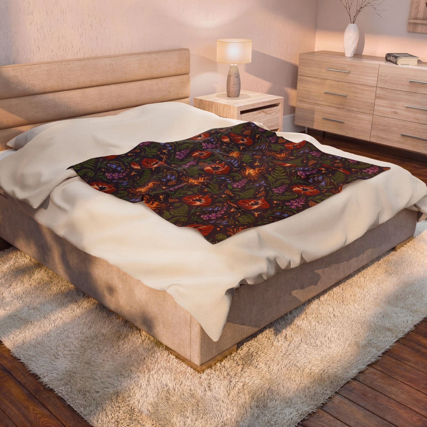 Beltane Fox & Bonfire Velveteen Plush Blanket – Lightweight Purple Woodland Throw - Divine Mystic Moons