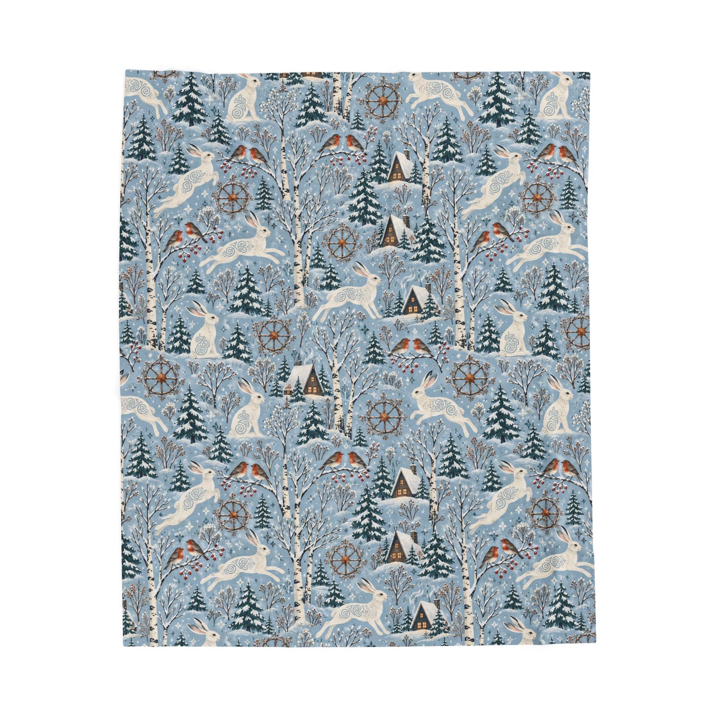 Winter Woodland Hare Velveteen Plush Blanket – Lightweight Blue Yule Throw - Divine Mystic Moons