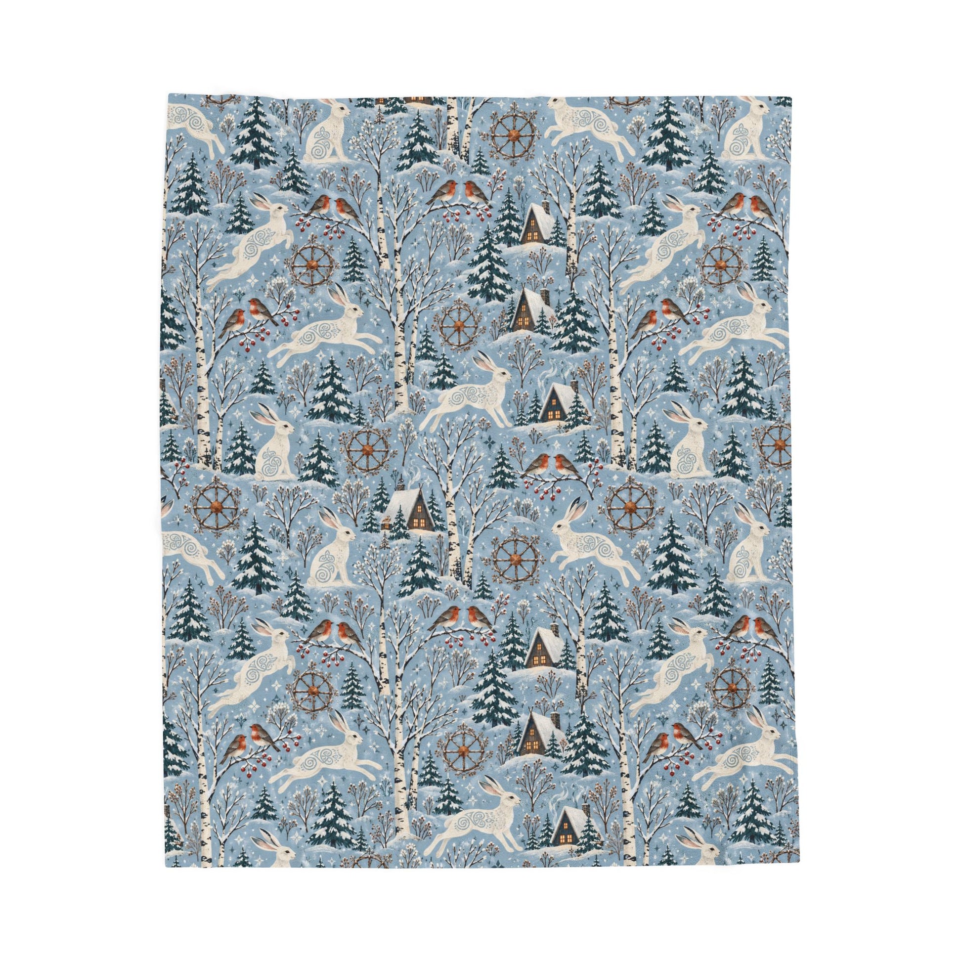 Winter Woodland Hare Velveteen Plush Blanket – Lightweight Blue Yule Throw - Divine Mystic Moons