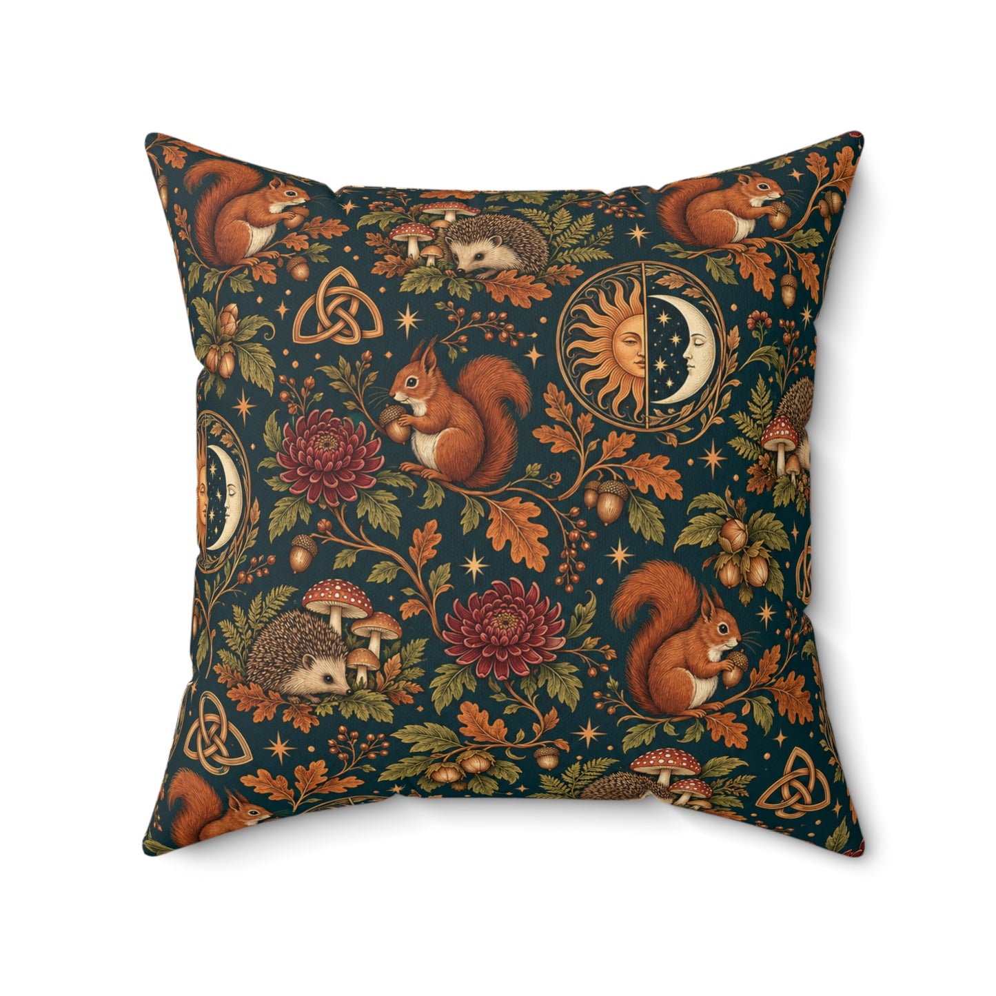 Mabon Squirrel & Hedgehog Faux Suede Pillow – Autumn Woodland Sun & Moon Decor - Divine Mystic Moons