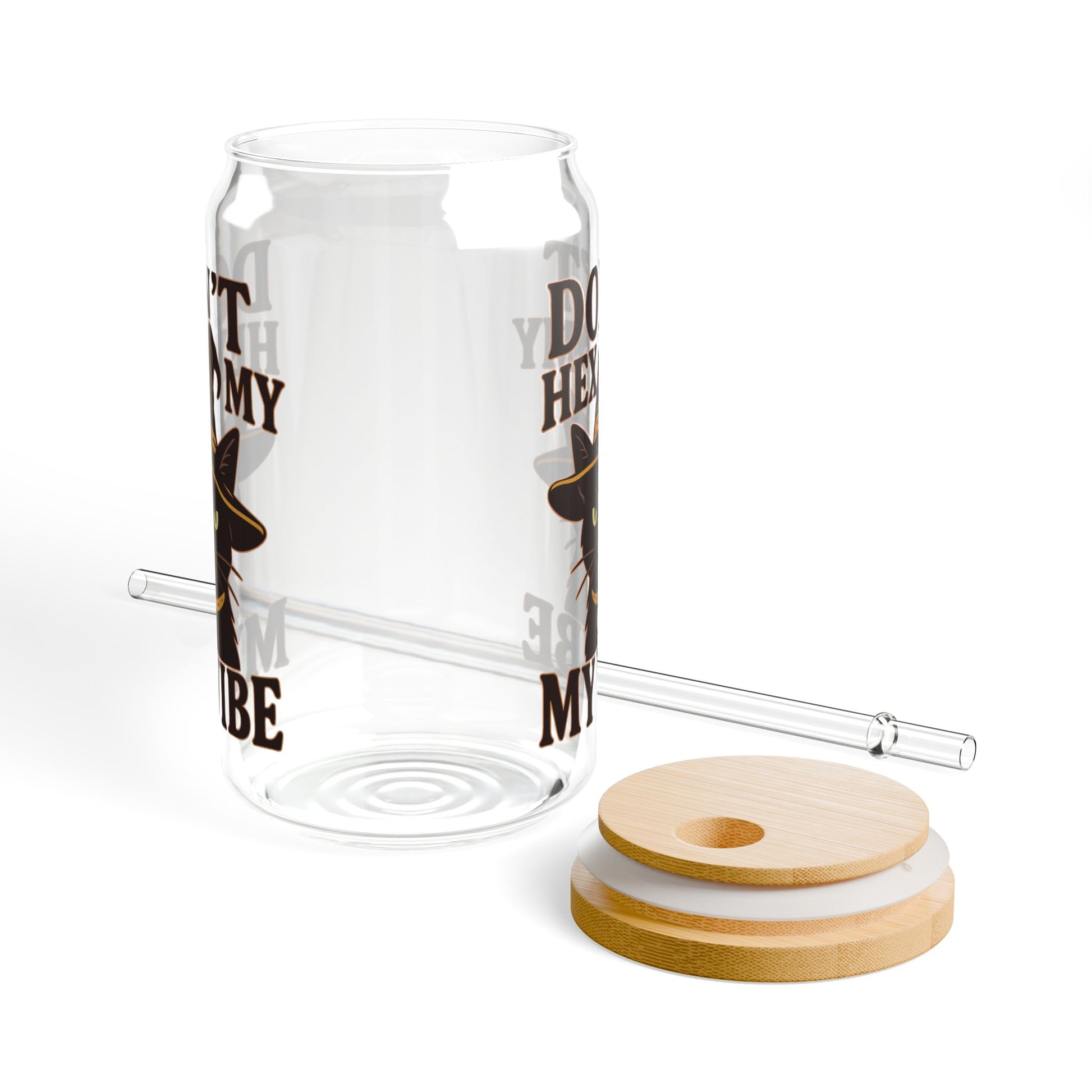 Dont Hex My Vibe Glass Tumbler 16oz Witchy Cat Iced Coffee Cup with Bamboo Lid & Straw, Funny Goth Drinkware, Halloween Sassy Gift - Divine Mystic Moons