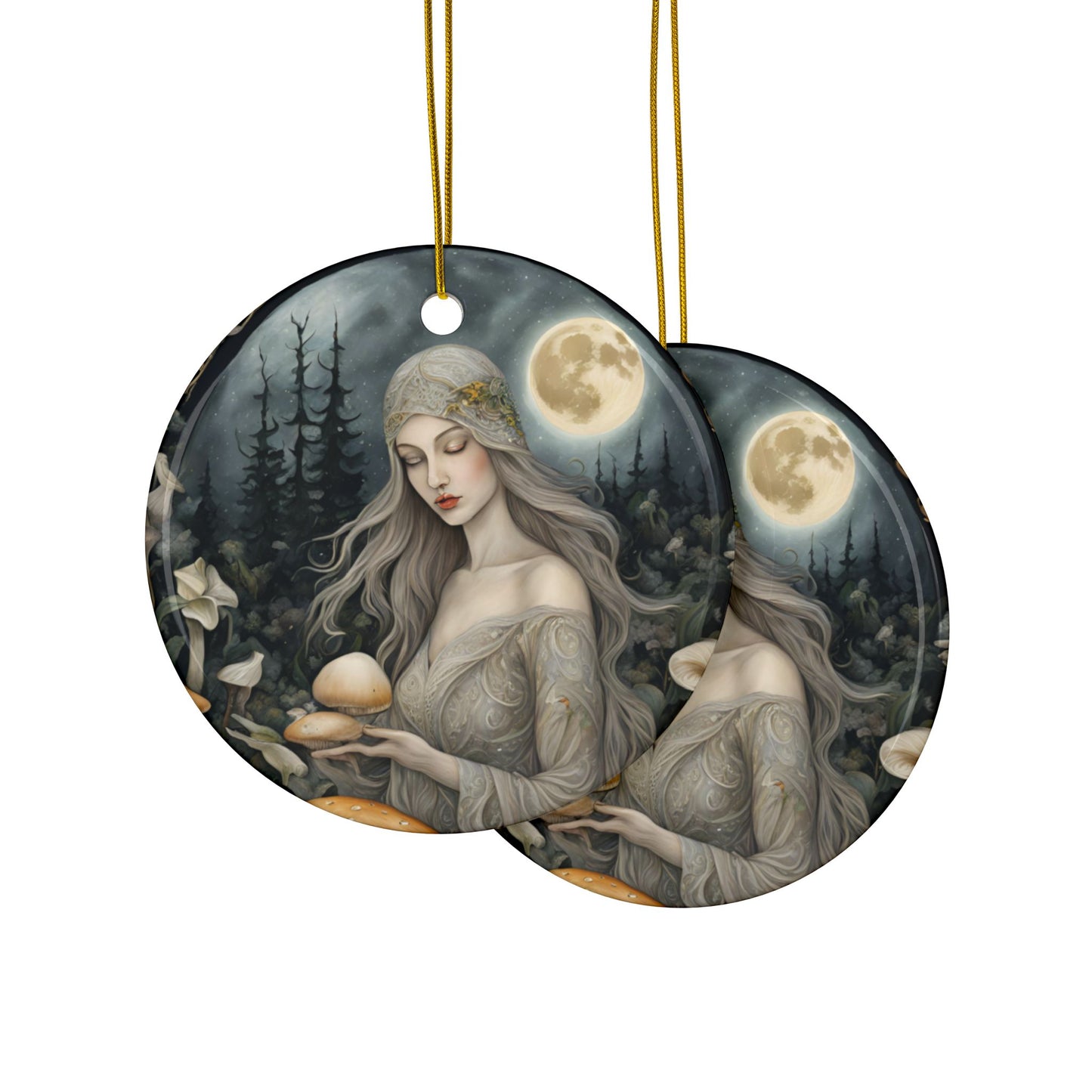 Ethereal Moon Goddess 2 sided Ceramic Ornament Mystical Mushroom Forest Print Pagan Deity Witchy Woodland Sacred Feminine Divine - Divine Mystic Moons