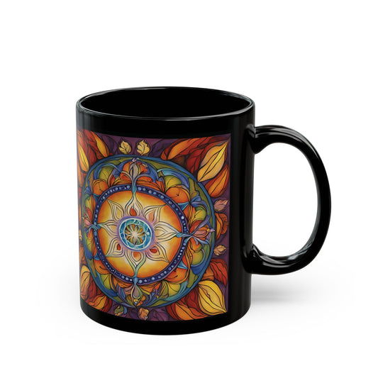 Colorful Mandala Black Mug - Fall Vibes Coffee Cup, Gift for Art Lovers, Home Décor, Autumn Celebration, Handcrafted Ceramic - Divine Mystic Moons