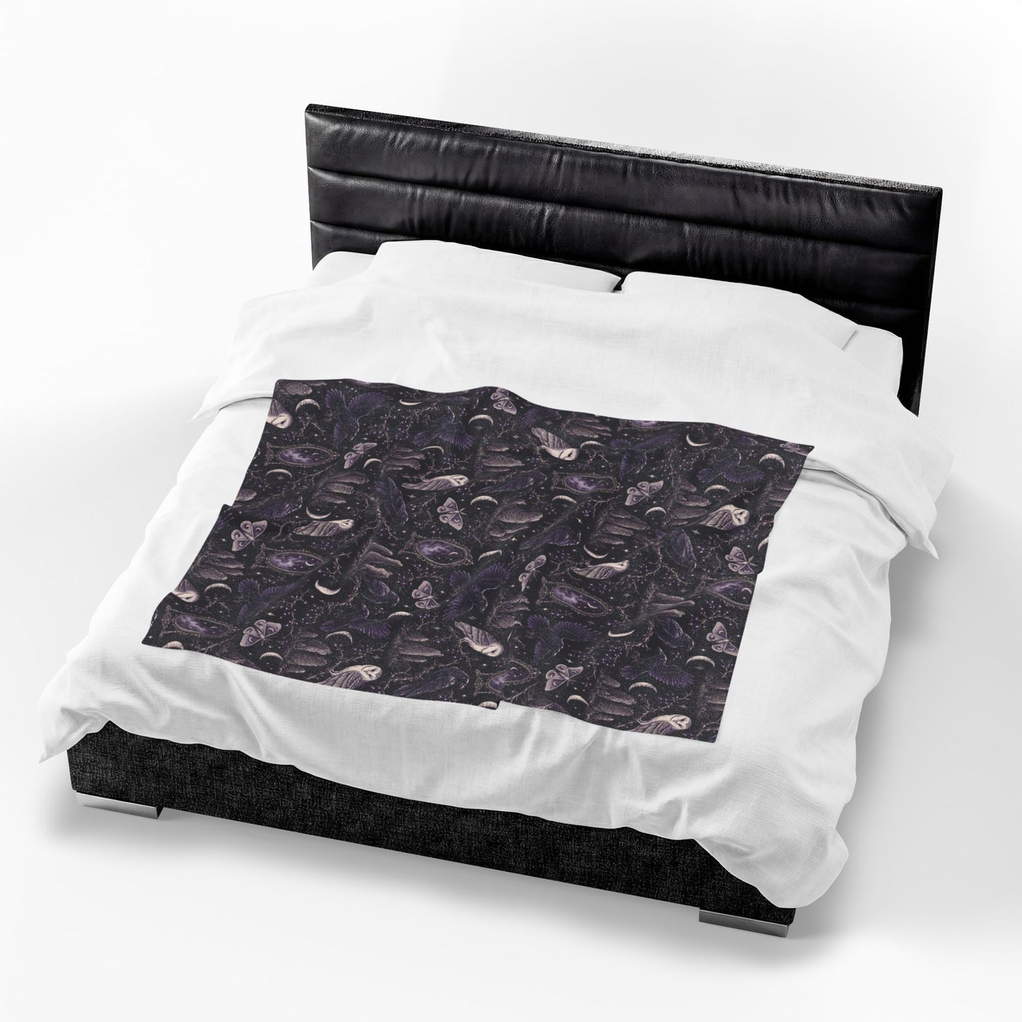 Gothic Raven & Owl Velveteen Plush Blanket – Lightweight Purple Moon and Moth Throw