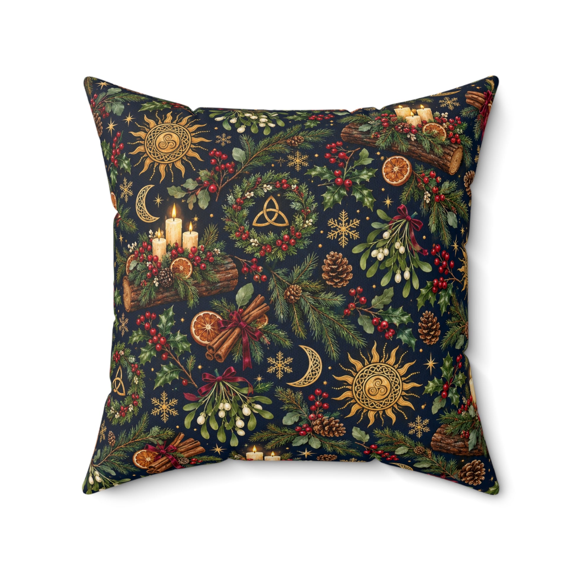 Yule Log & Evergreen Faux Suede Pillow – Celestial Winter Solstice Decor - Divine Mystic Moons