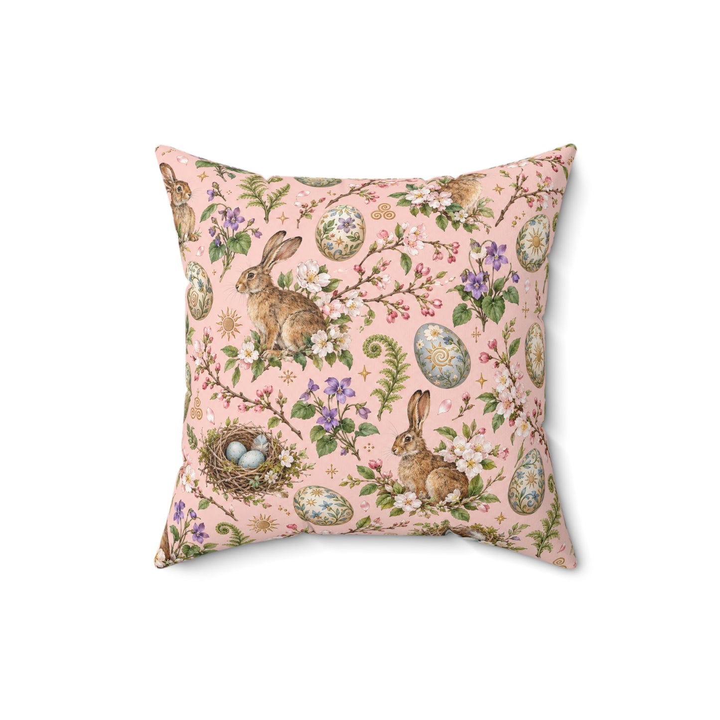 Ostara Rabbit & Spring Egg Faux Suede Pillow | Pink Spring Equinox Decor