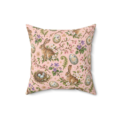 Ostara Rabbit & Spring Egg Faux Suede Pillow | Pink Spring Equinox Decor