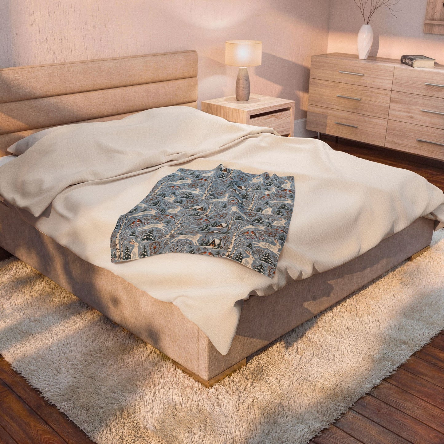 Winter Woodland Hare Velveteen Plush Blanket – Lightweight Blue Yule Throw - Divine Mystic Moons