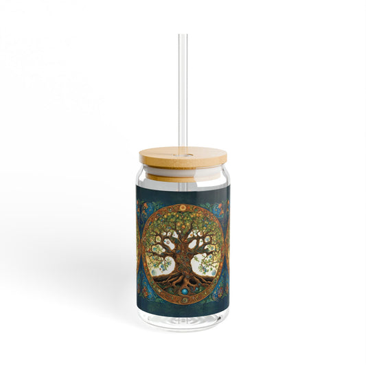 Tree of Life Sipper Glass, 16oz - with Bamboo Lid & Straw Nature Lover Gift, Eco-Friendly Wine Cup, Spiritual Drinking Vessel, Boho Home