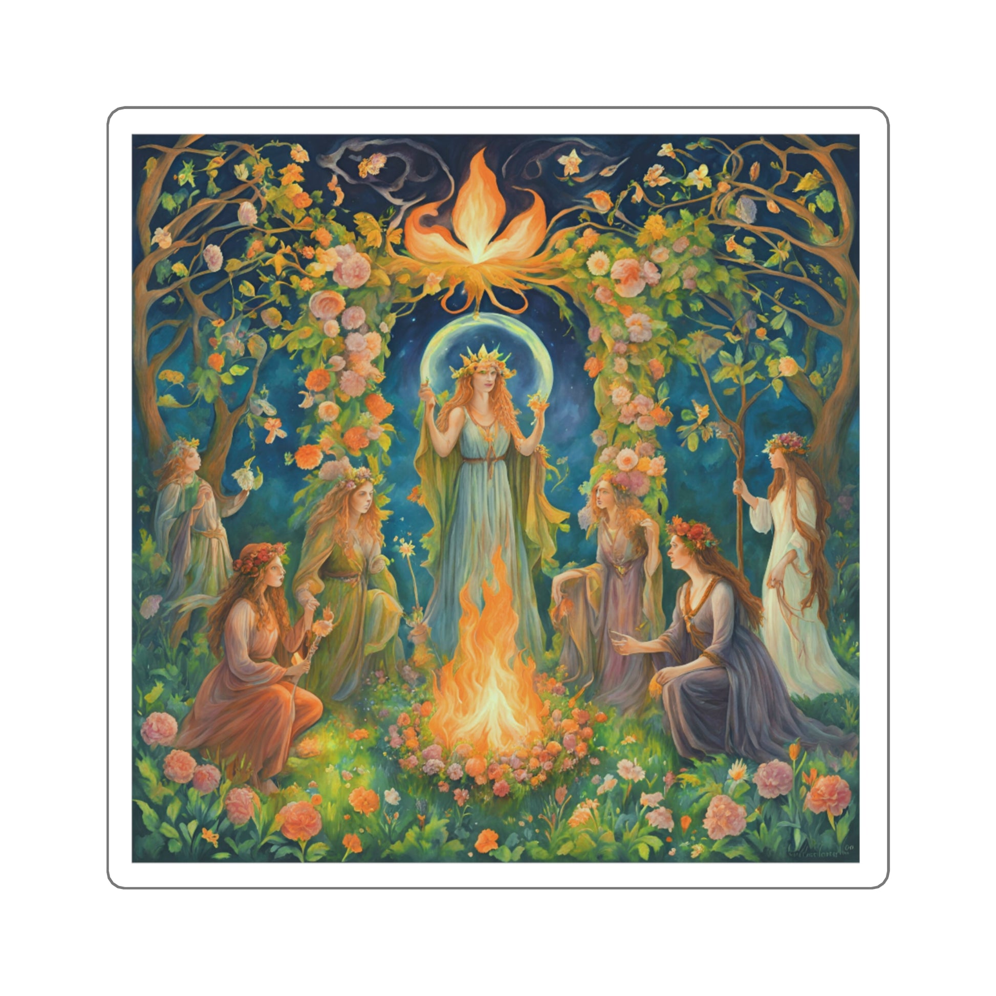Beltane Goddess Sticker – Pagan Sabbat Fire Circle Art, Midsummer Witch Gathering Vinyl Sticker, Wiccan Altar or Journal Decoration - Divine Mystic Moons