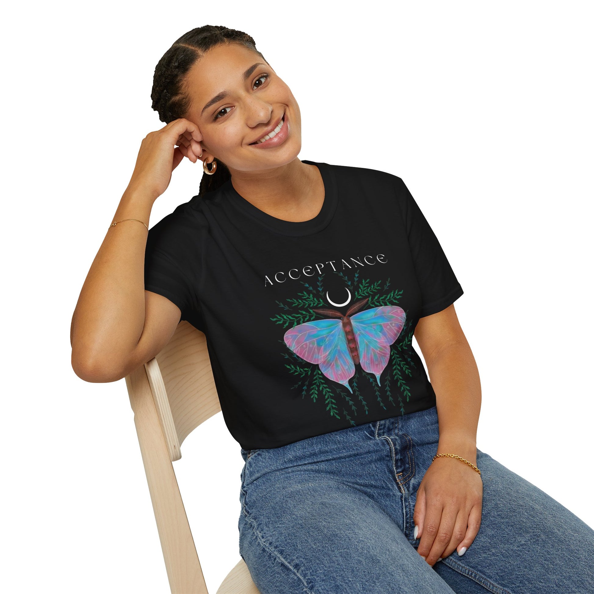 Acceptance Butterfly T-Shirt, Inspirational Tee, Positive Affirmation Shirt, Nature Lover Gift, Life Stages Apparel, Unisex Casual Wear, - Divine Mystic Moons