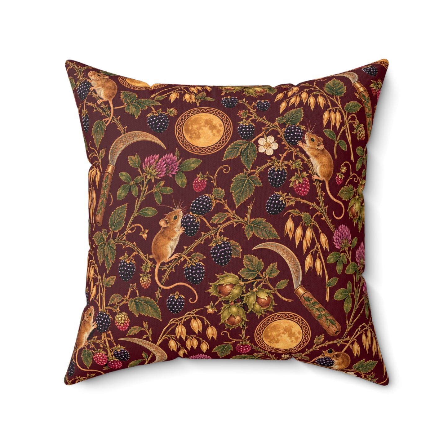 Lughnasadh Harvest Mouse Faux Suede Pillow – Blackberry & Moon Pagan Decor