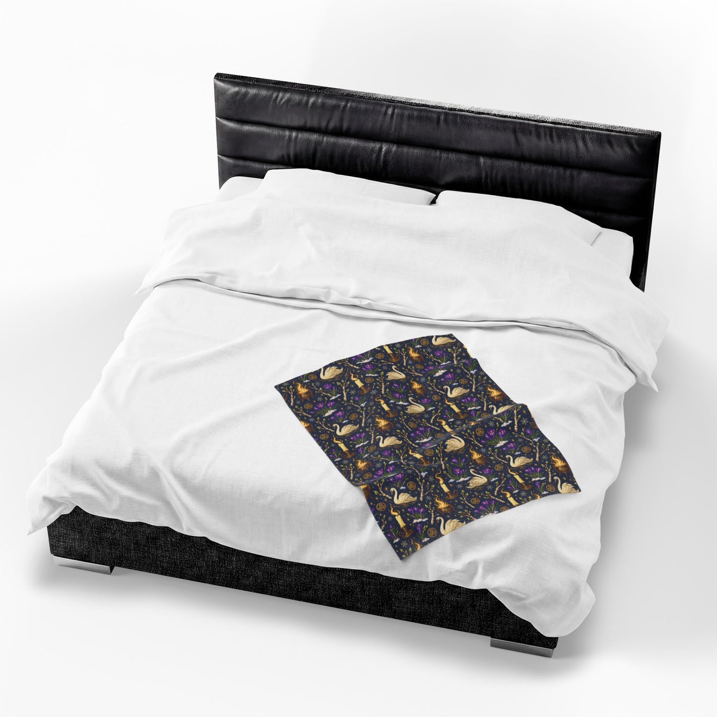 Imbolc Swan & Crocus Velveteen Plush Blanket – Lightweight Candlelit Pagan Throw - Divine Mystic Moons