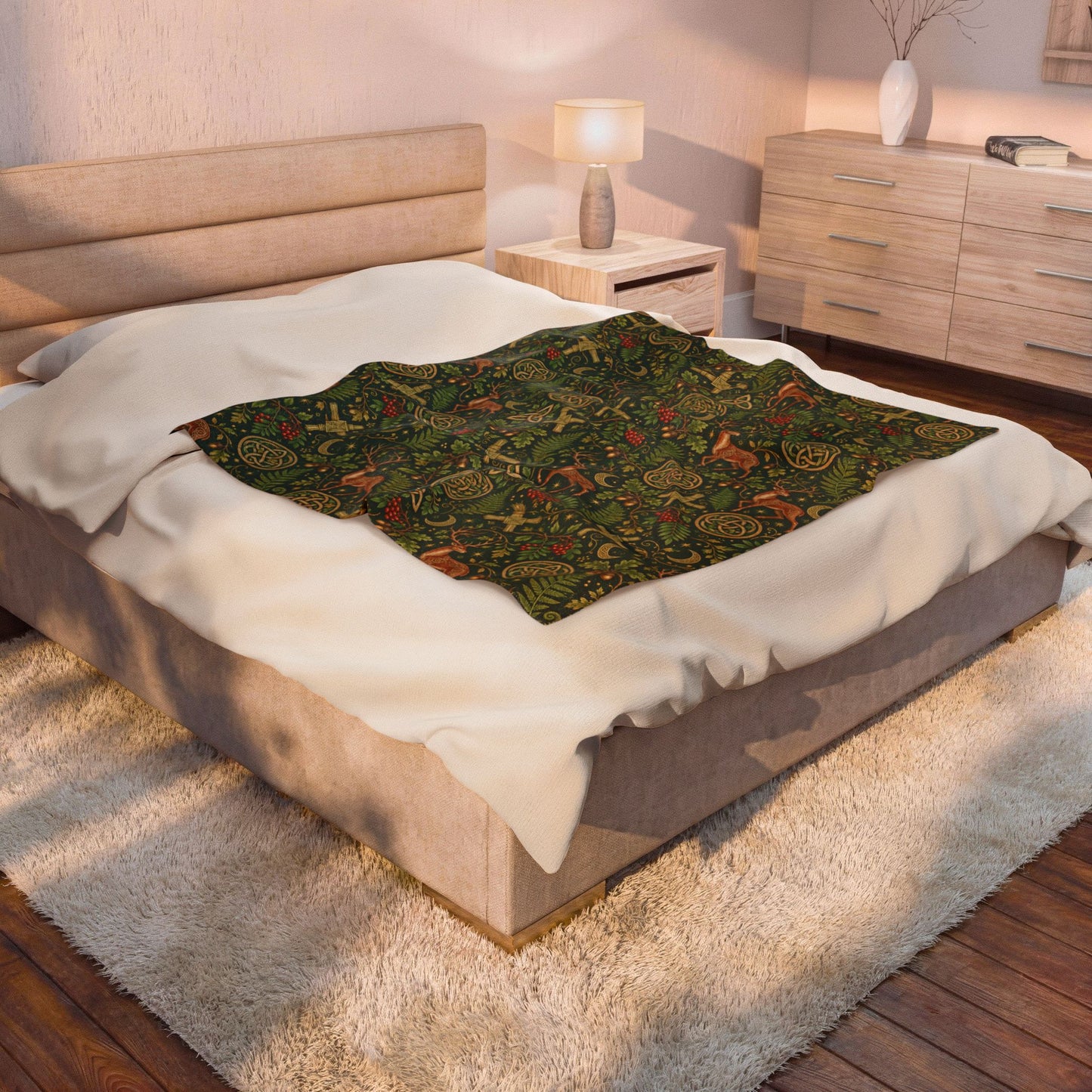 Imbolc Brigid’s Cross Velveteen Plush Blanket – Lightweight Celtic Stag Throw