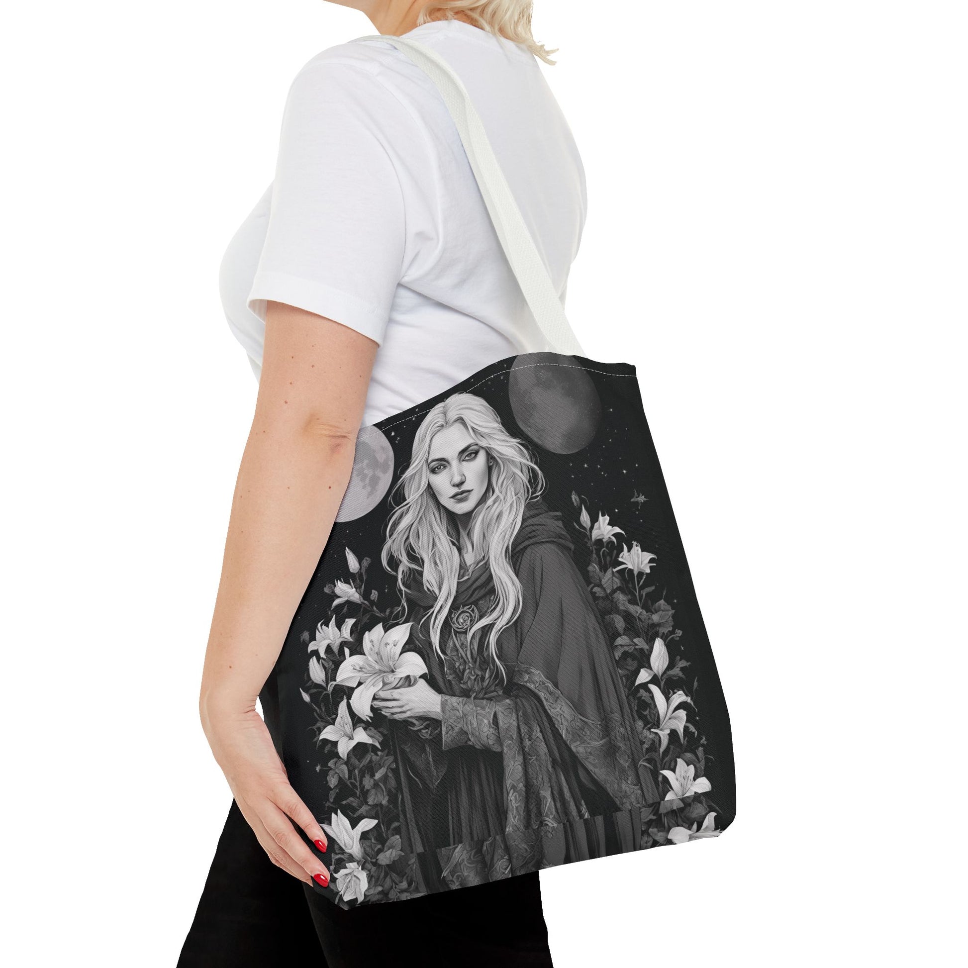 Mystical Floral Tote Bag, Witch Aesthetic Handbag, Boho Chic Shopper, Eco-Friendly Grocery Bag, Everyday Carryall, Gift for Her - Divine Mystic Moons