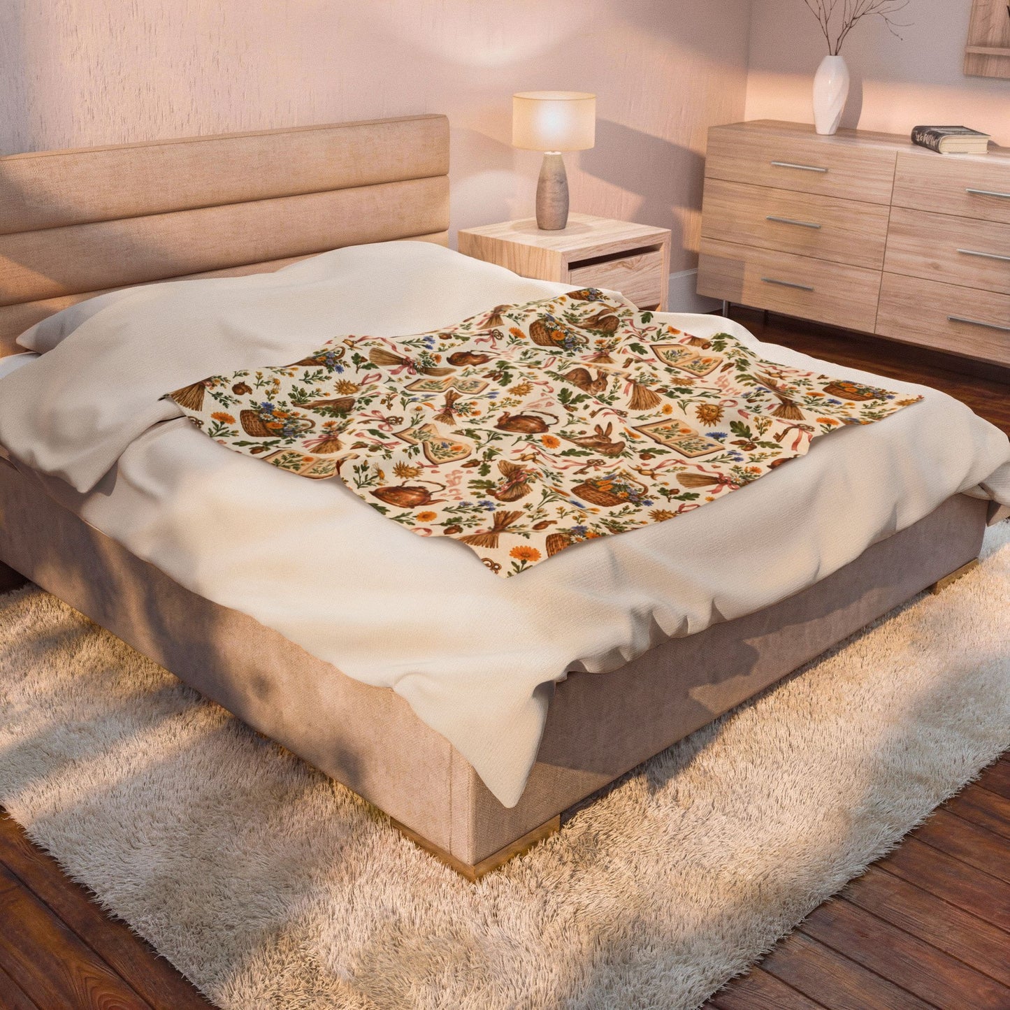 Ostara Rabbit & Wildflower Velveteen Plush Blanket – Lightweight Cottage Witch Throw
