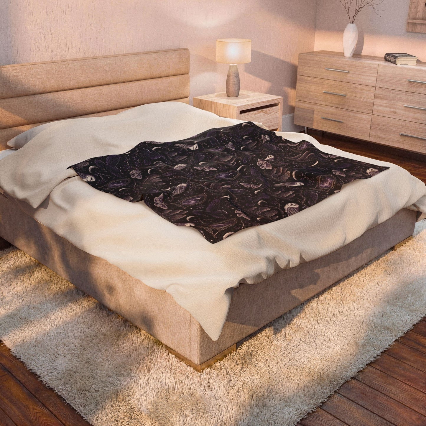 Gothic Raven & Owl Velveteen Plush Blanket – Lightweight Purple Moon and Moth Throw