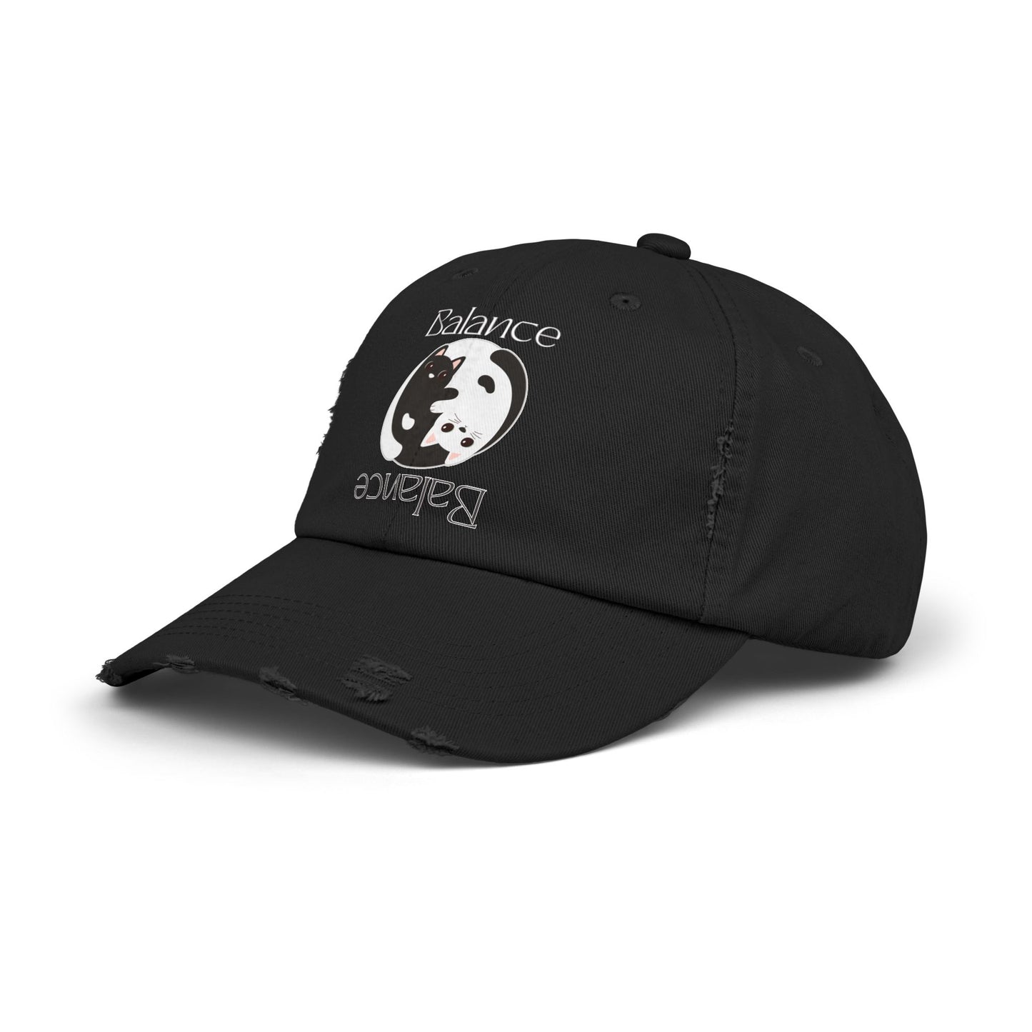 Distressed Balance Hat with Yin Yang Black & White Cats Dual-Sided Text, Intertwined Feline Design, Zen Style, Adjustable Cap - Divine Mystic Moons