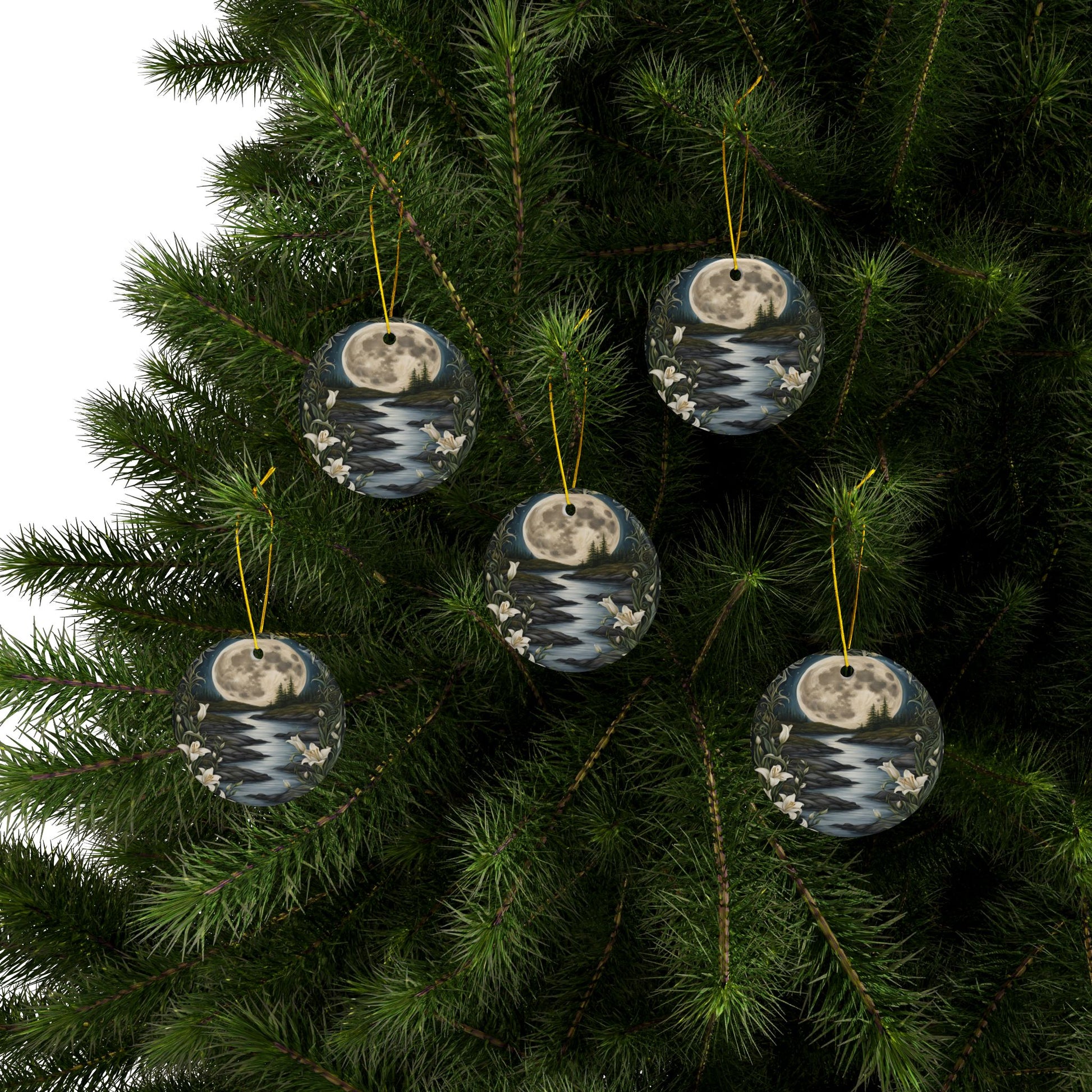 Moonlit River Ceramic Ornaments,  2-sided Moon Ornament Water Lily Hanging Decoration Pagan Holiday Tree Ornament Celestial Home Decor" - Divine Mystic Moons