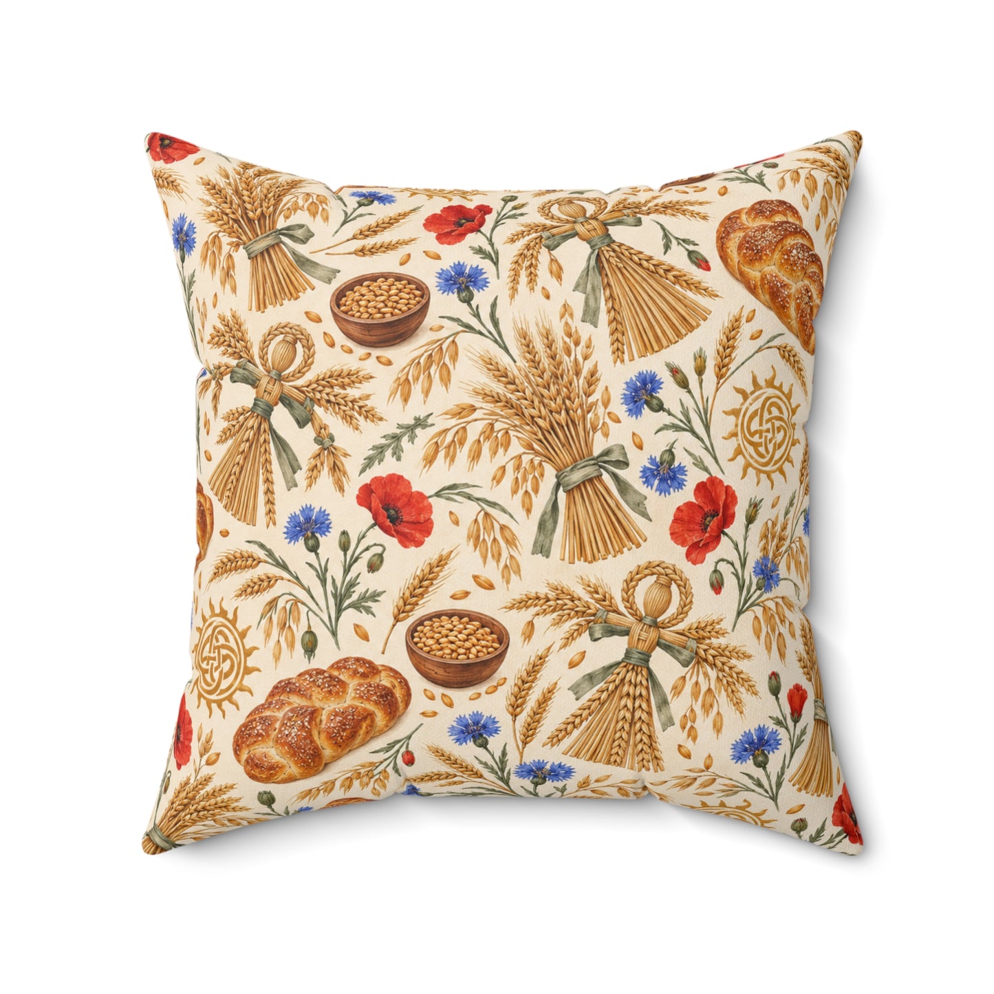Lughnasadh Wheat & Corn Dolly Faux Suede Pillow – Lammas Harvest Decor