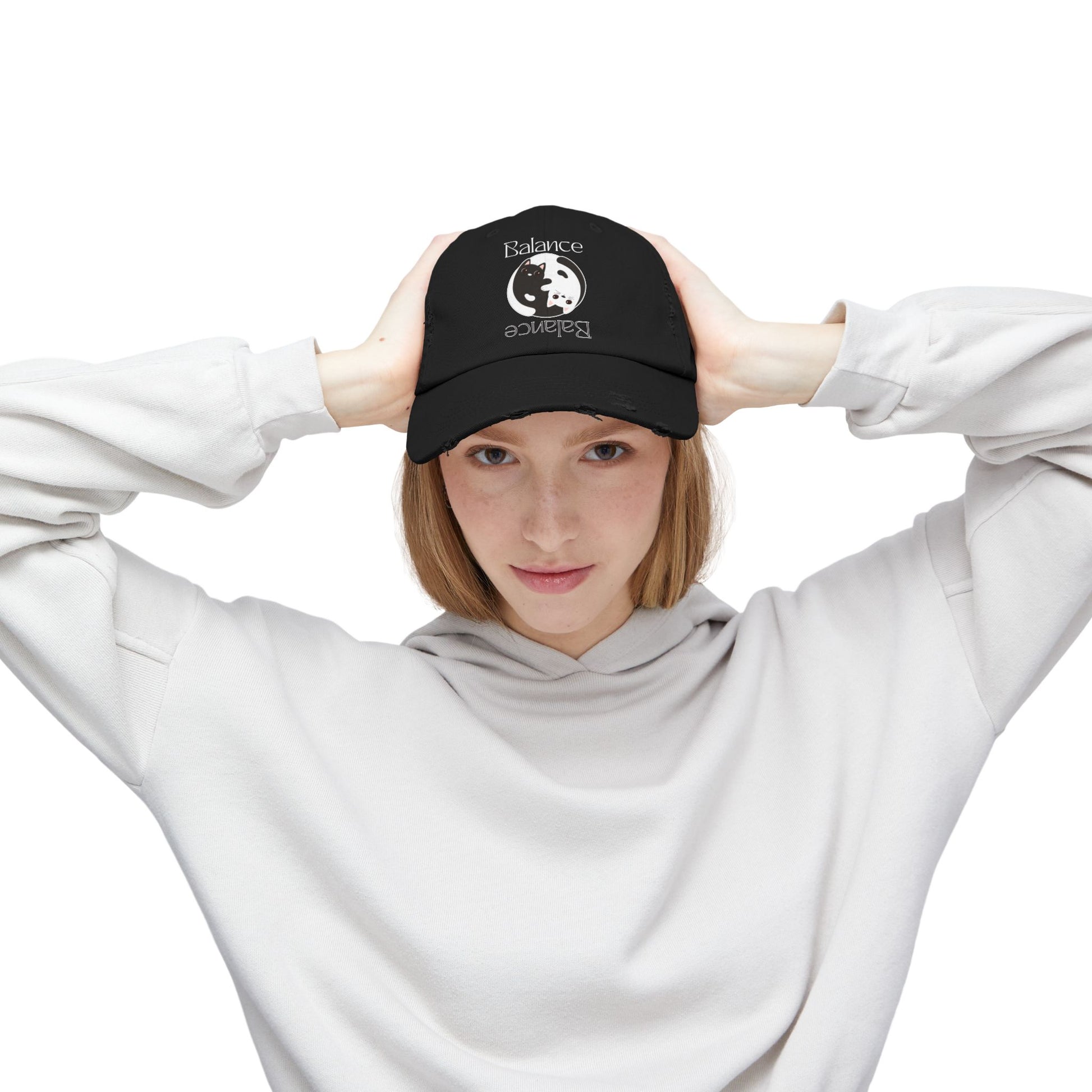 Distressed Balance Hat with Yin Yang Black & White Cats Dual-Sided Text, Intertwined Feline Design, Zen Style, Adjustable Cap - Divine Mystic Moons