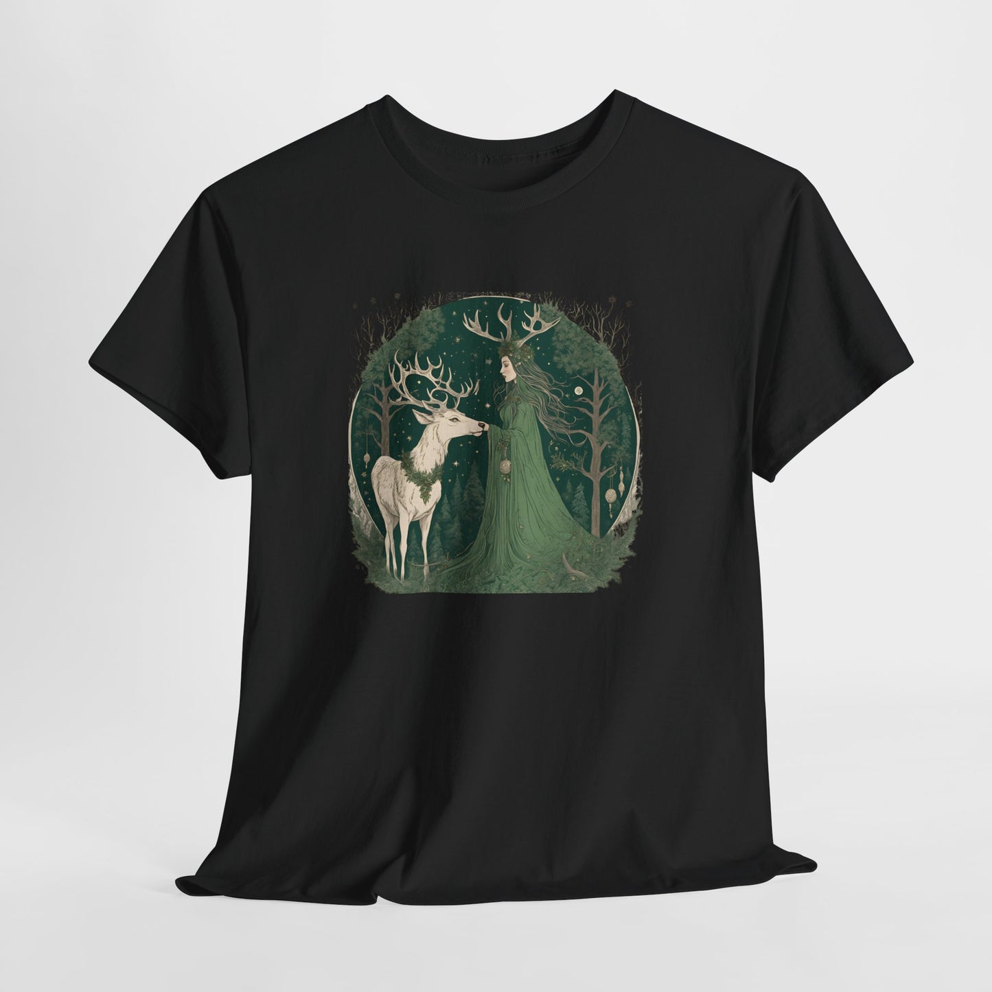Forest Goddess Yule T-Shirt – Celtic Stag & Witchy Woman Shirt, Pagan Winter Solstice Tee, Wiccan Sabbat Nature Spirit Gift - Divine Mystic Moons