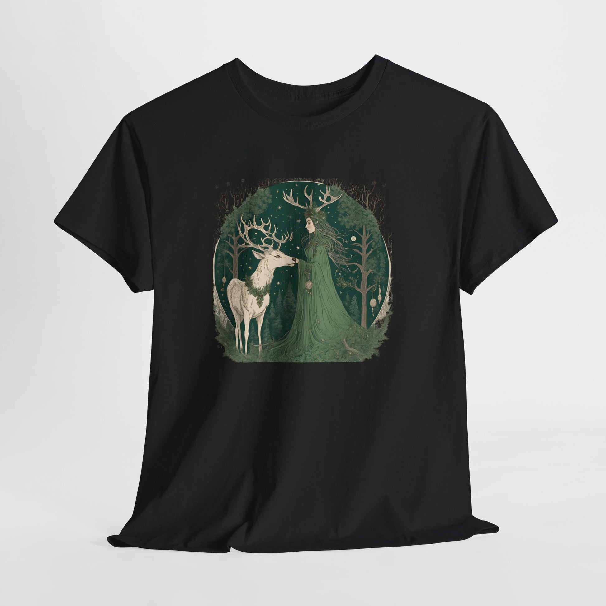 Forest Goddess Yule T-Shirt – Celtic Stag & Witchy Woman Shirt, Pagan Winter Solstice Tee, Wiccan Sabbat Nature Spirit Gift - Divine Mystic Moons