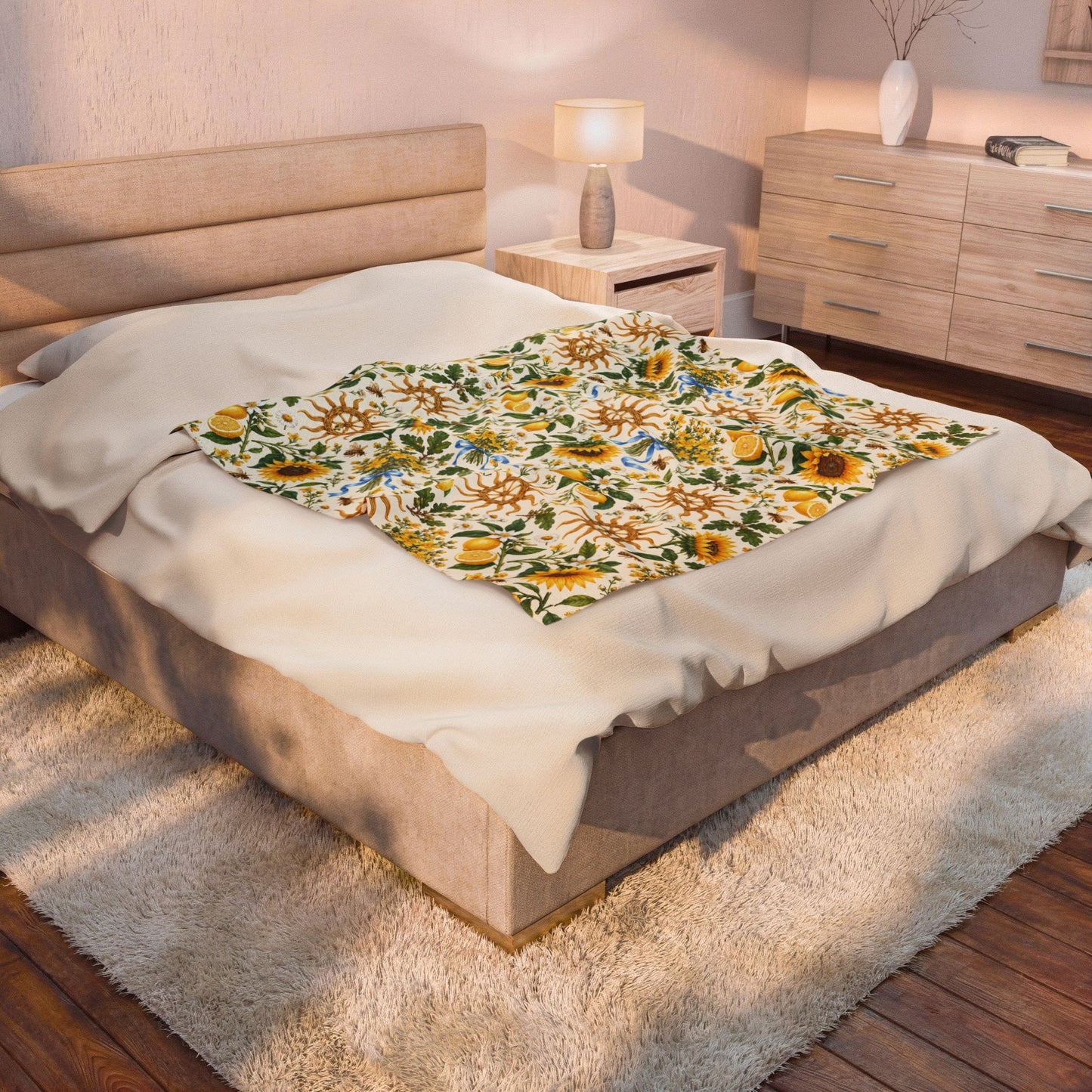 Litha Sunflower & Lemon Velveteen Plush Throw | Lightweight Summer Solstice Blanket