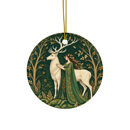 White Stag & Woodland Maiden Green Witch Ornament