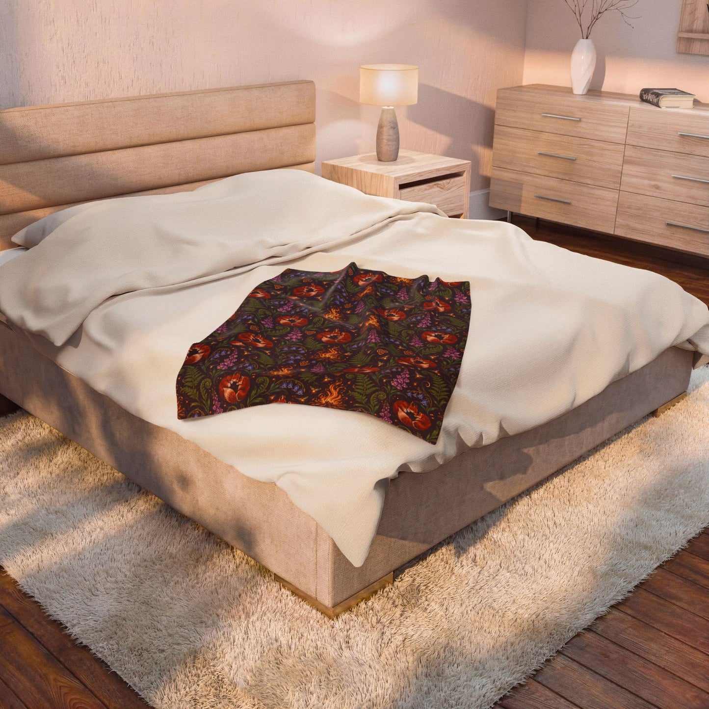 Beltane Fox & Bonfire Velveteen Plush Blanket – Lightweight Purple Woodland Throw - Divine Mystic Moons