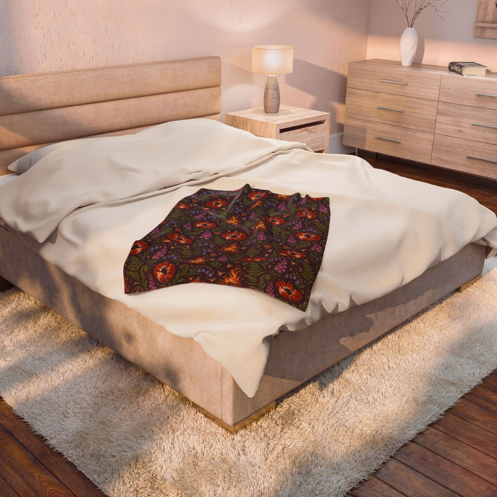 Beltane Fox & Bonfire Velveteen Plush Blanket – Lightweight Purple Woodland Throw - Divine Mystic Moons