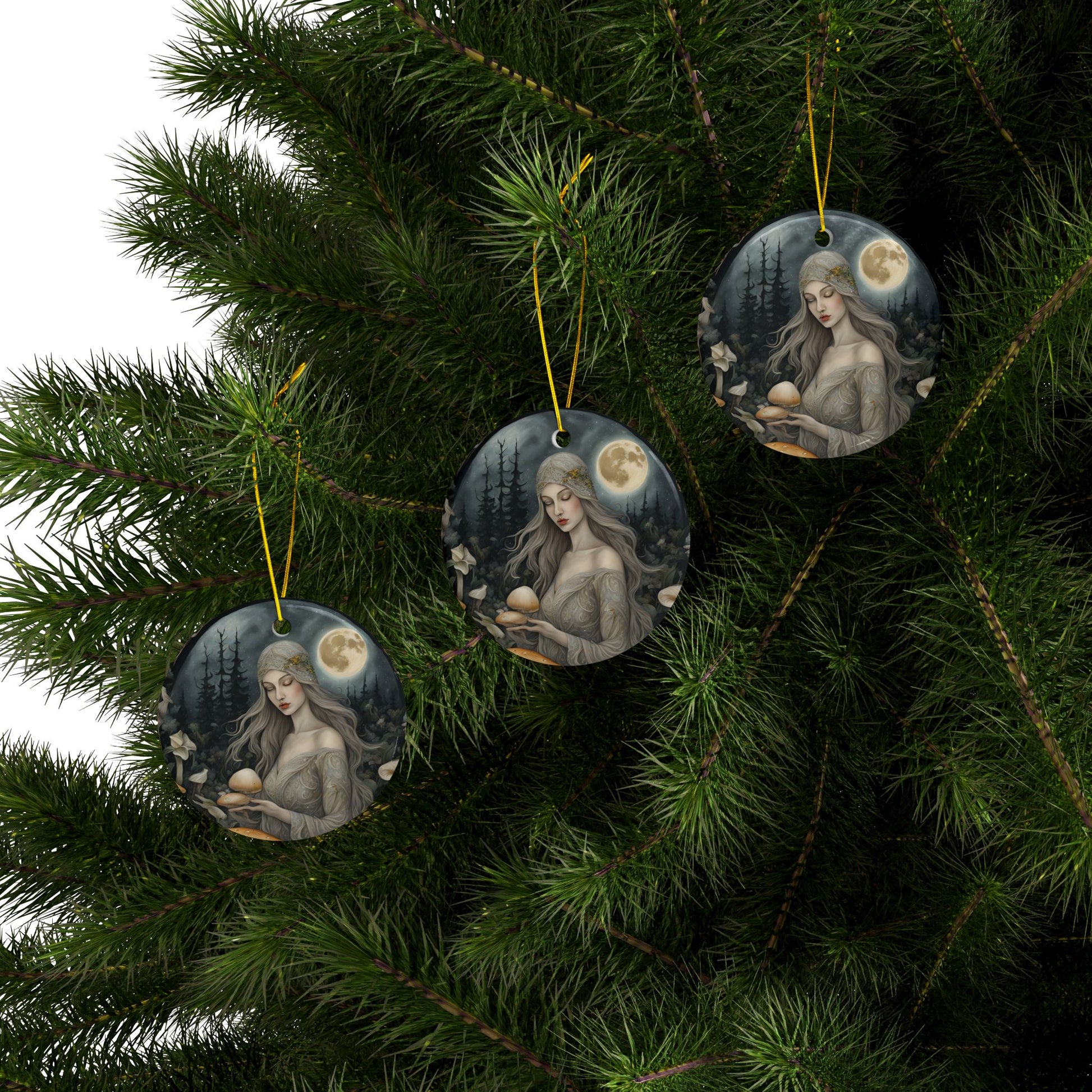 Ethereal Moon Goddess 2 sided Ceramic Ornament Mystical Mushroom Forest Print Pagan Deity Witchy Woodland Sacred Feminine Divine - Divine Mystic Moons