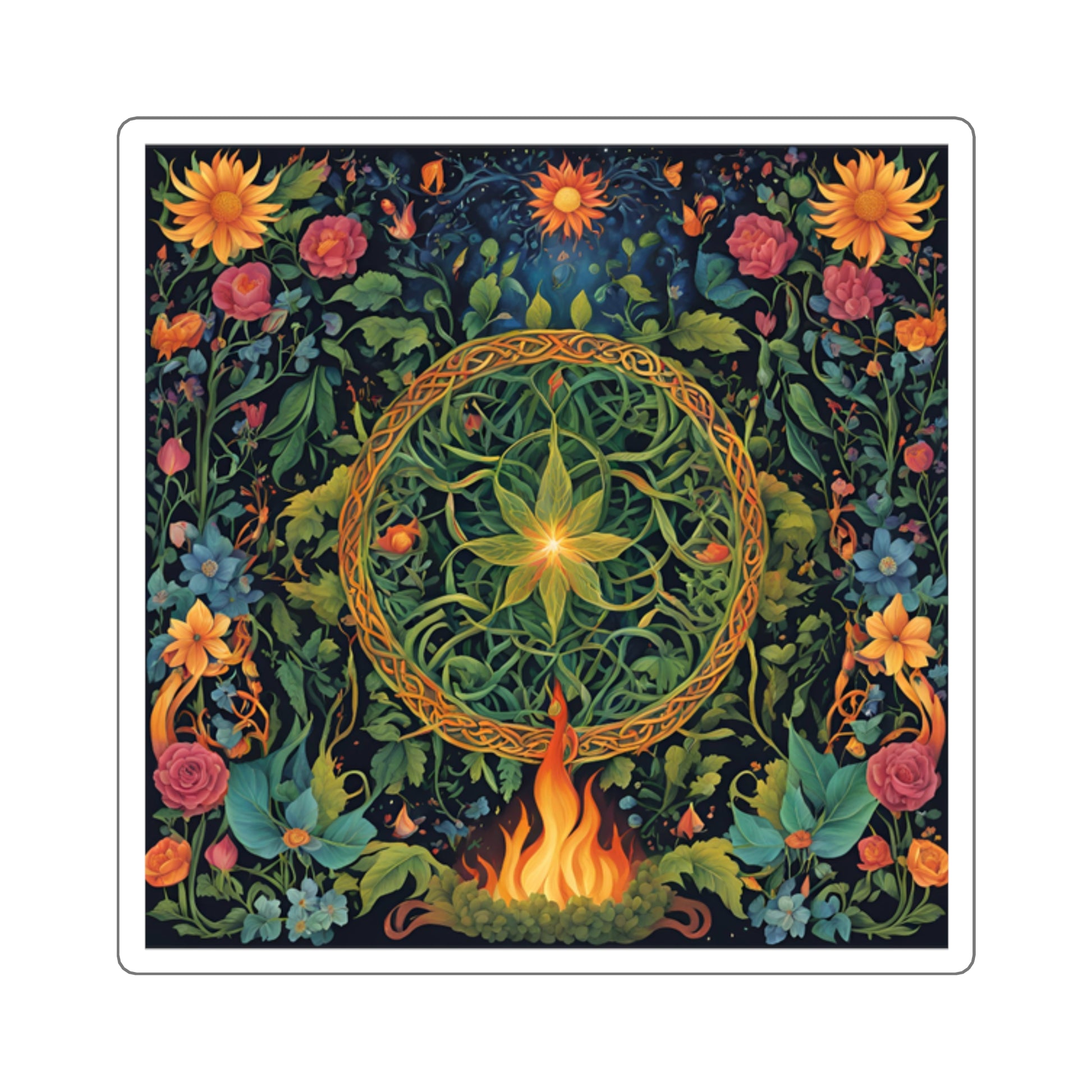 Celtic Fire Wheel Sticker – Beltane or Litha Sabbat Vinyl Sticker, Pagan Midsummer Sun Ritual Art, Wiccan Wheel of the Year DecorBoho Laptop Decals, Floral Art Sticker, Witchy Home Decor, Gift for Witch's, Spiritual Decor - Divine Mystic Moons