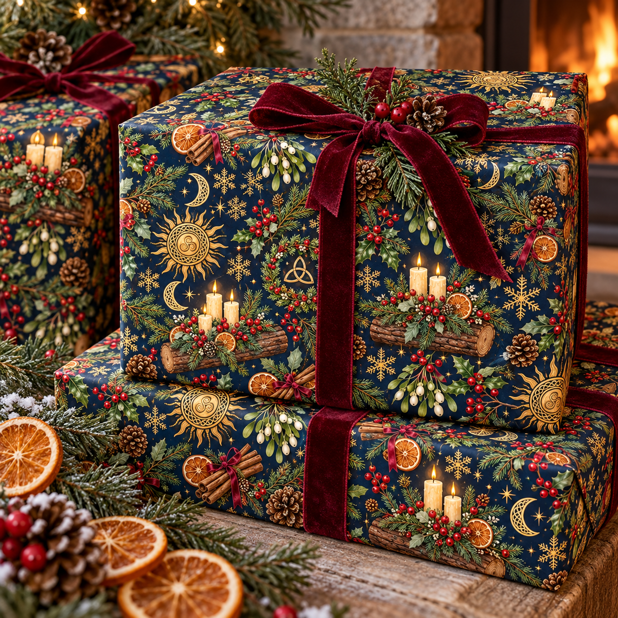 Celtic Yule Log & Solstice Sun Wrapping Paper