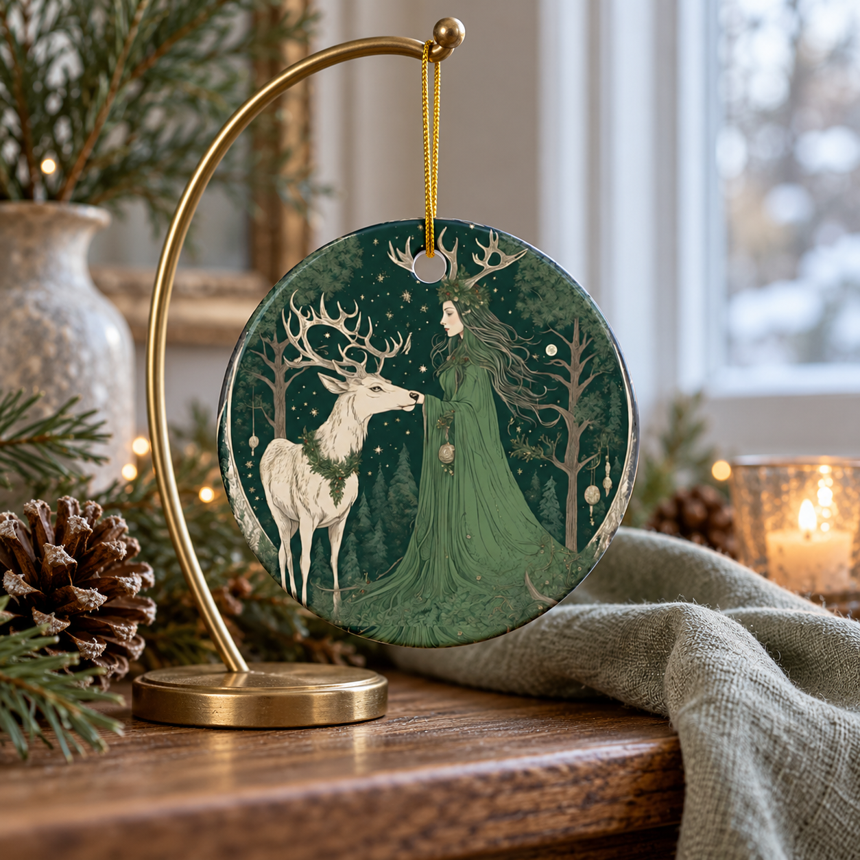 Woodland Enchantress & White Stag Yule Ornament