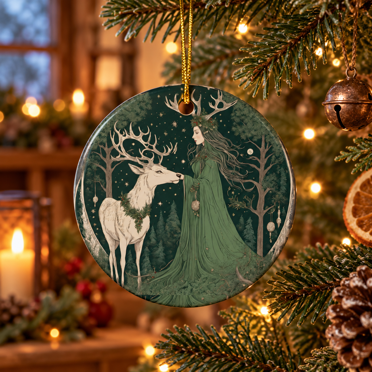 Woodland Enchantress & White Stag Yule Ornament