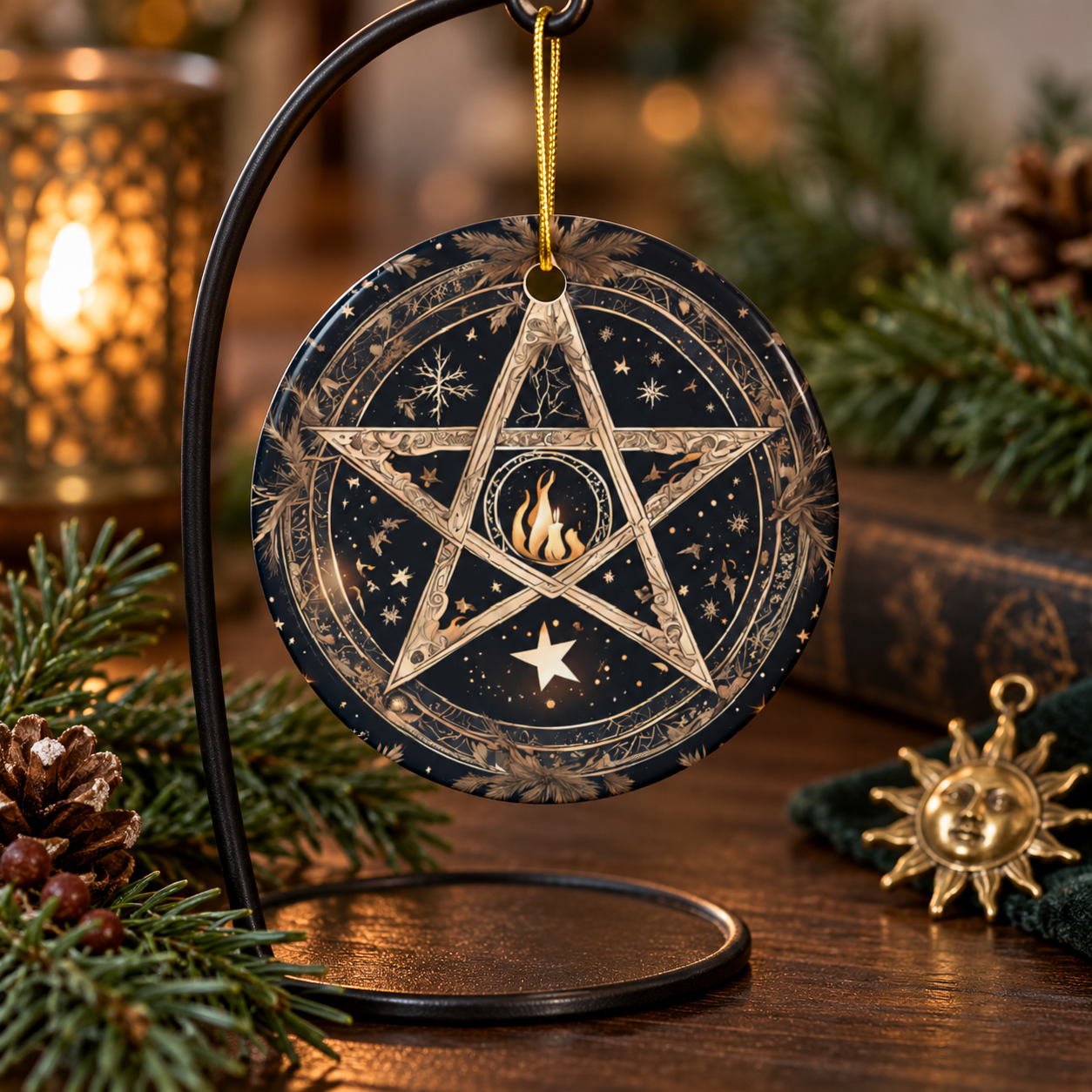 Golden Pentacle & Sacred Flame Yule Ornament