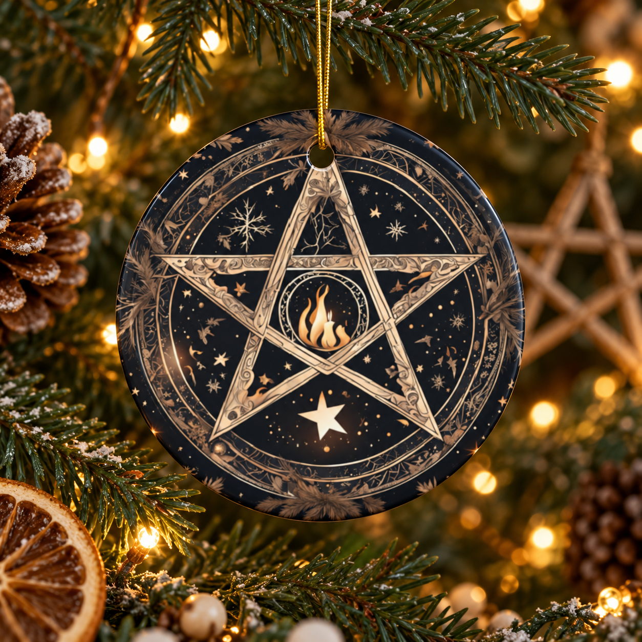 Golden Pentacle & Sacred Flame Yule Ornament