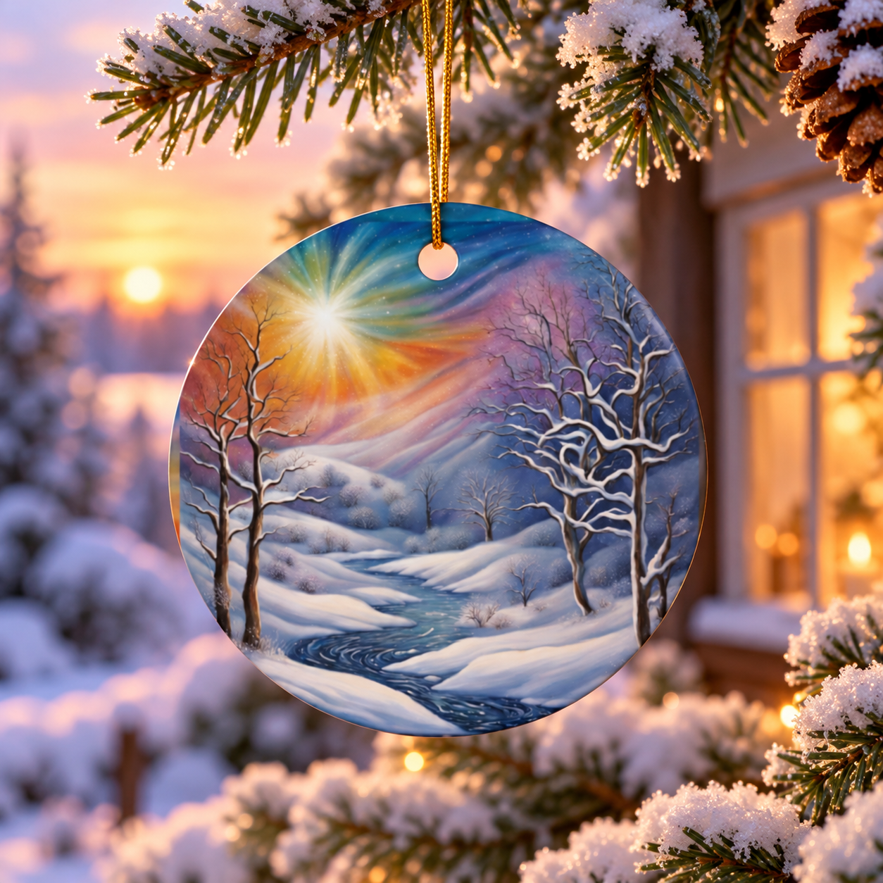 Returning Sun & Snowy Stream Winter Solstice Ornament