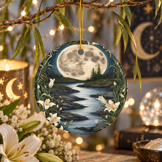 Full Moon River & White Lily Ornament
