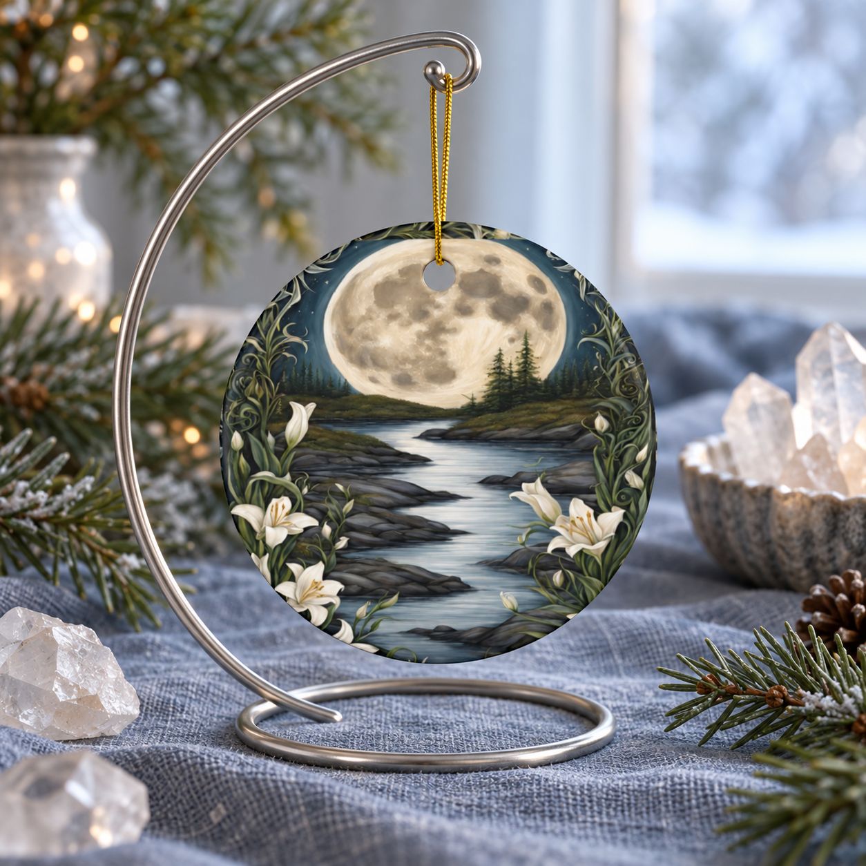 Full Moon River & White Lily Ornament