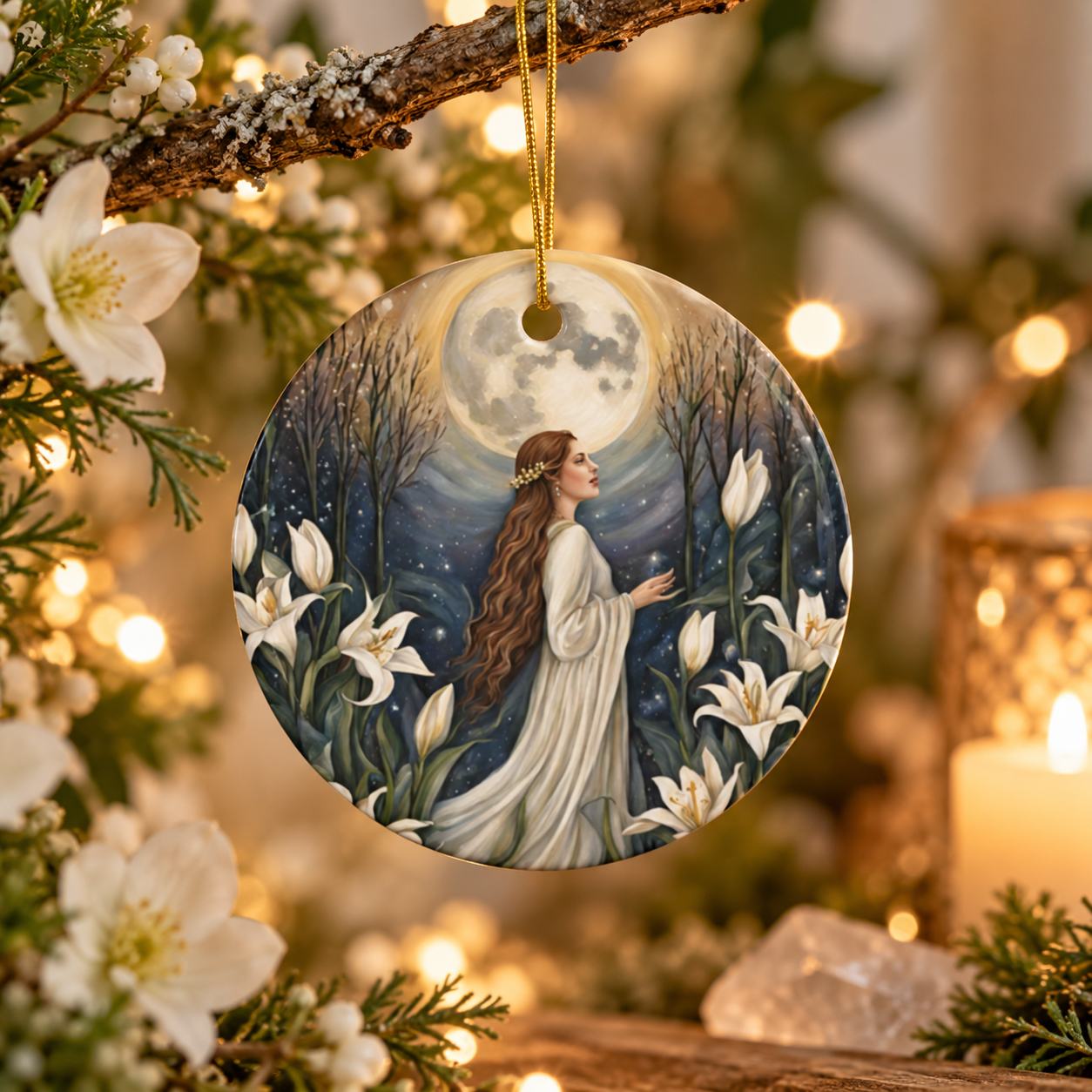 Moon Maiden & White Lily Goddess Ornament