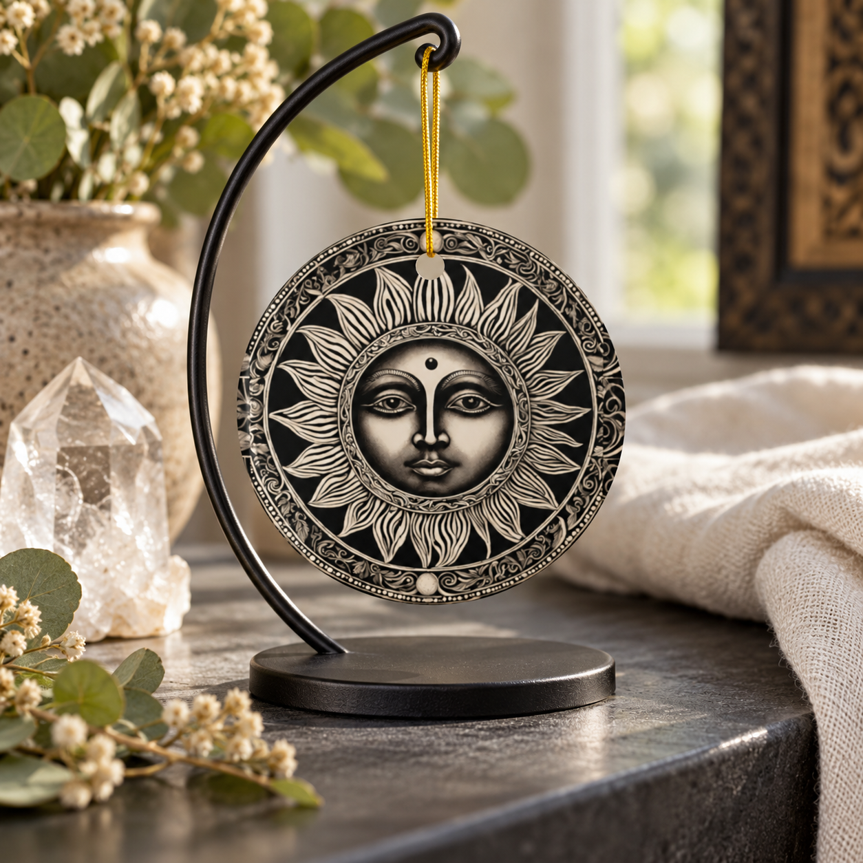 Monochrome Sun Face Celestial Ornament